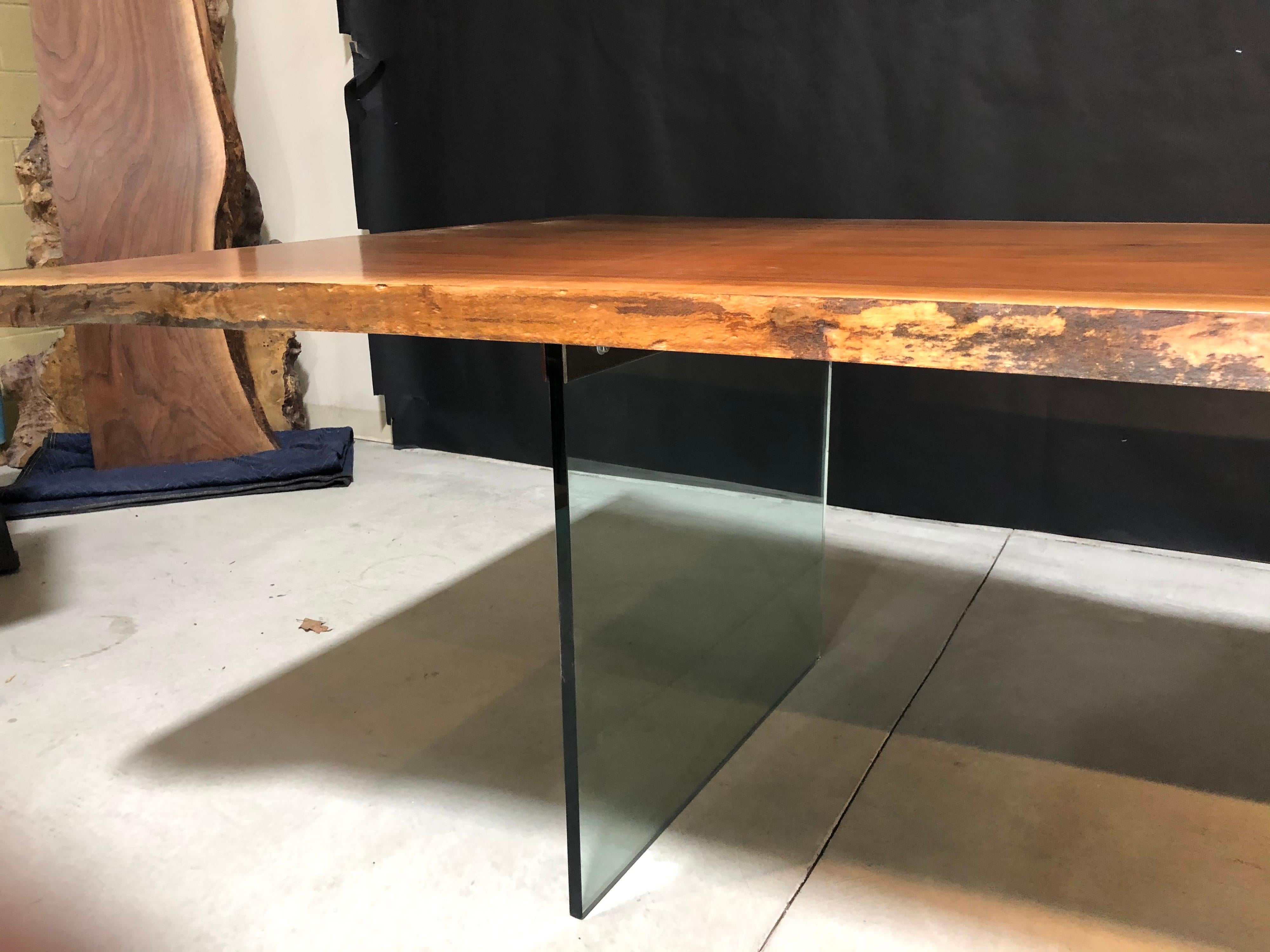 Contemporary Live Edge Black Walnut Table on Tempered Glass Bases 