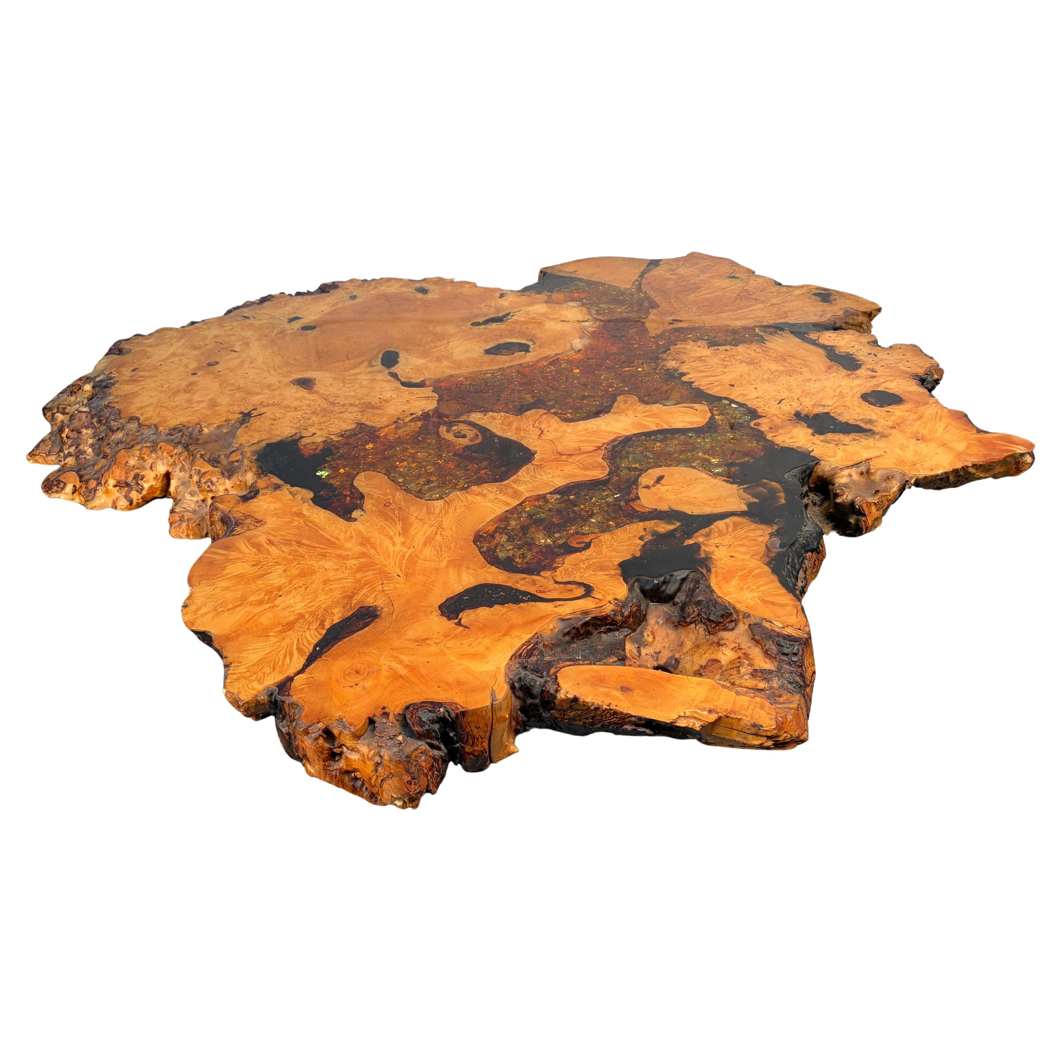 Live Edge Burl Wood Coffee Table with Glitter Epoxy For Sale