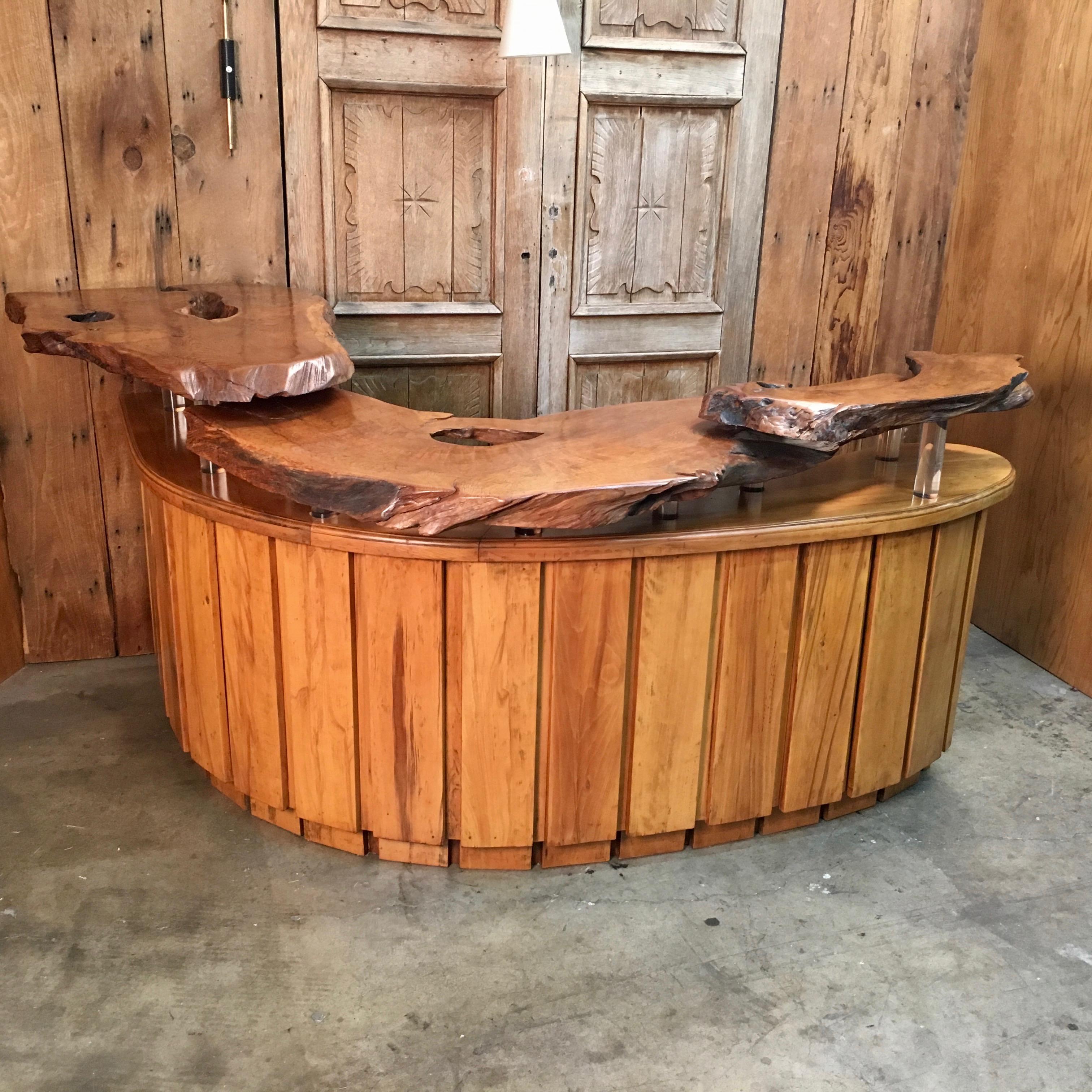 20th Century Live Edge Burl Wood Curved Bar
