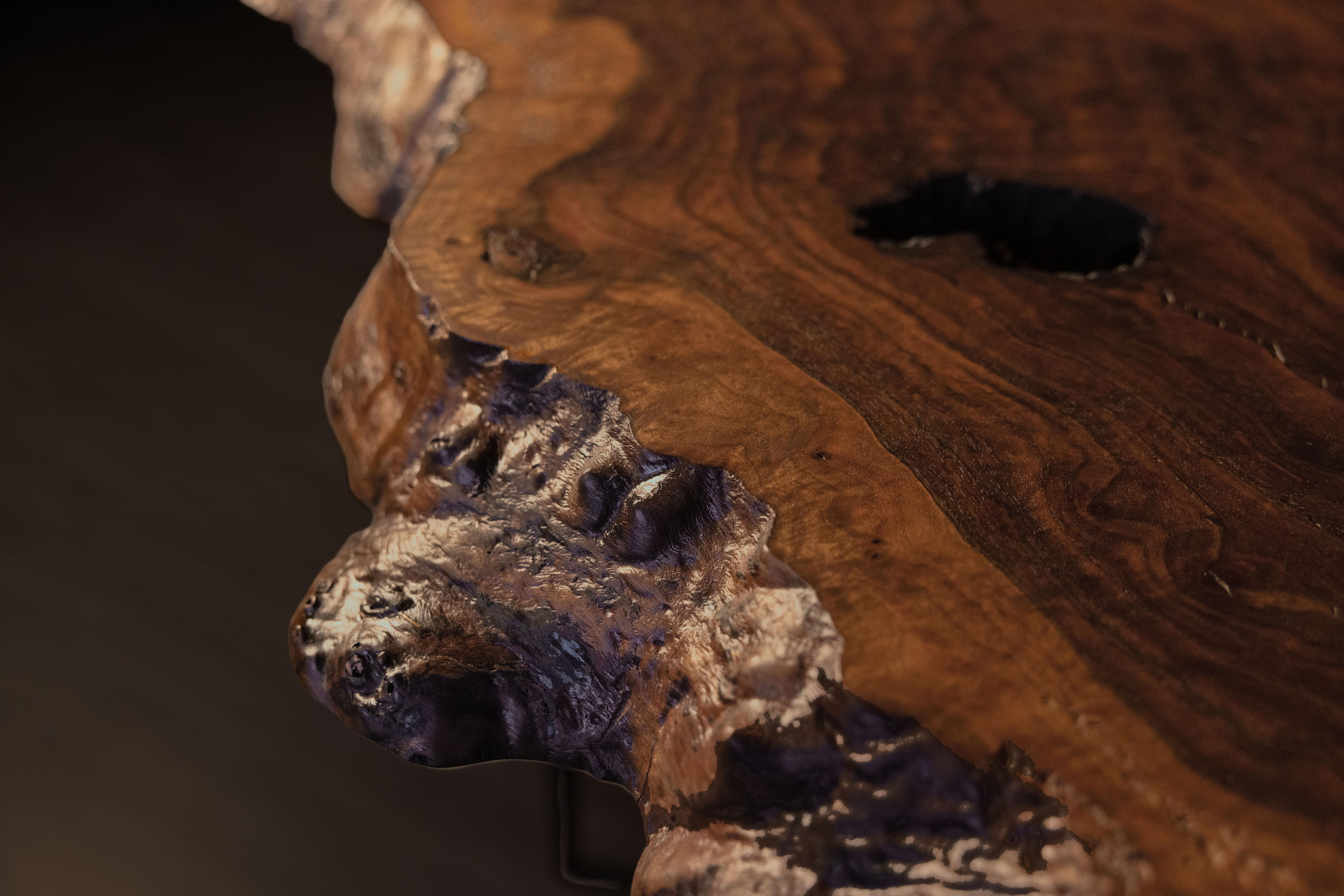 This is an exceptional Claro Walnut Burl Console, perfectly highlighting the beauty of Jeffrey’s hand-sculpted Forest Design. 

Creating a console with the Forest elements allows for the maximum visual impact. The rarity of the Claro Walnut Burl