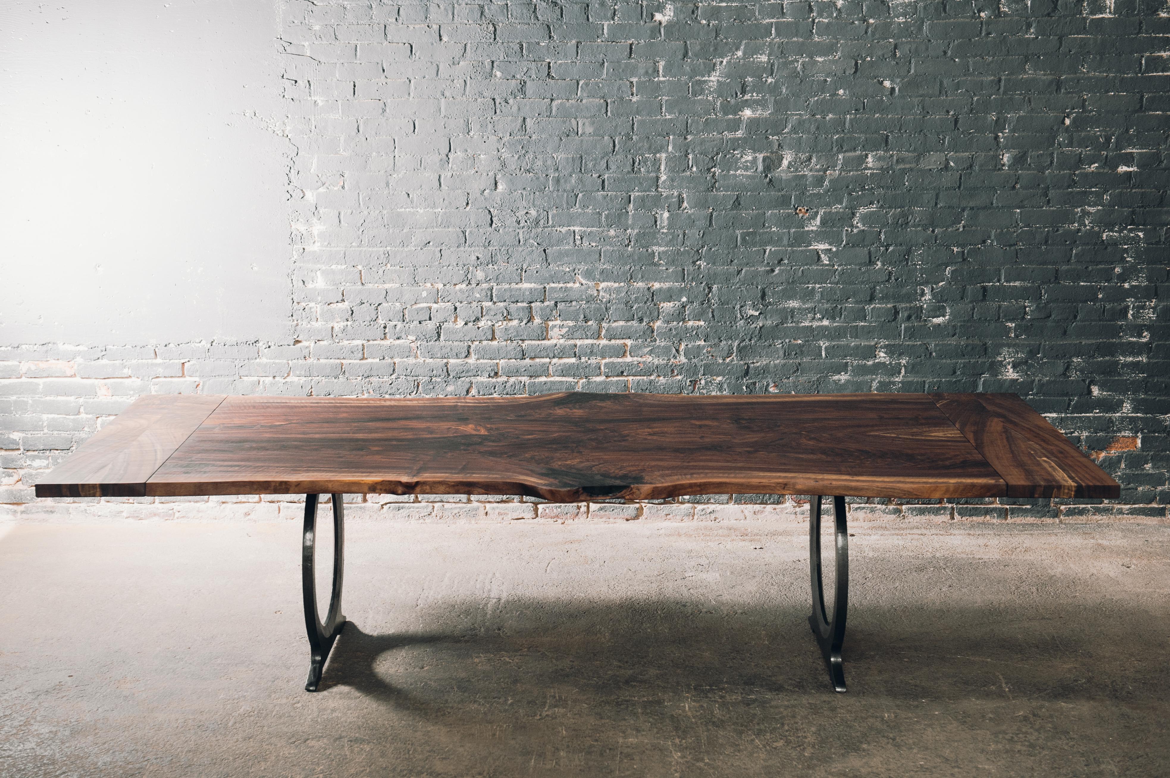 Live Edge Claro Walnut Slab Dining Table with Blackened Cast Iron Base  In New Condition For Sale In Three Rivers, MA
