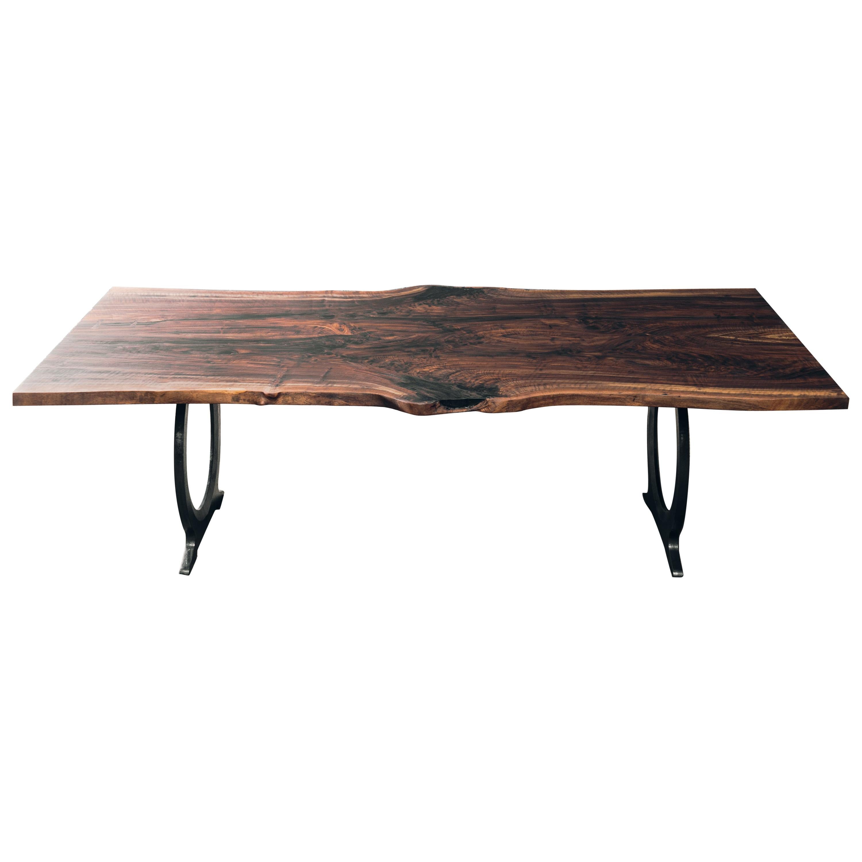 Live Edge Claro Walnut Slab Dining Table with Blackened Cast Iron Base  For Sale