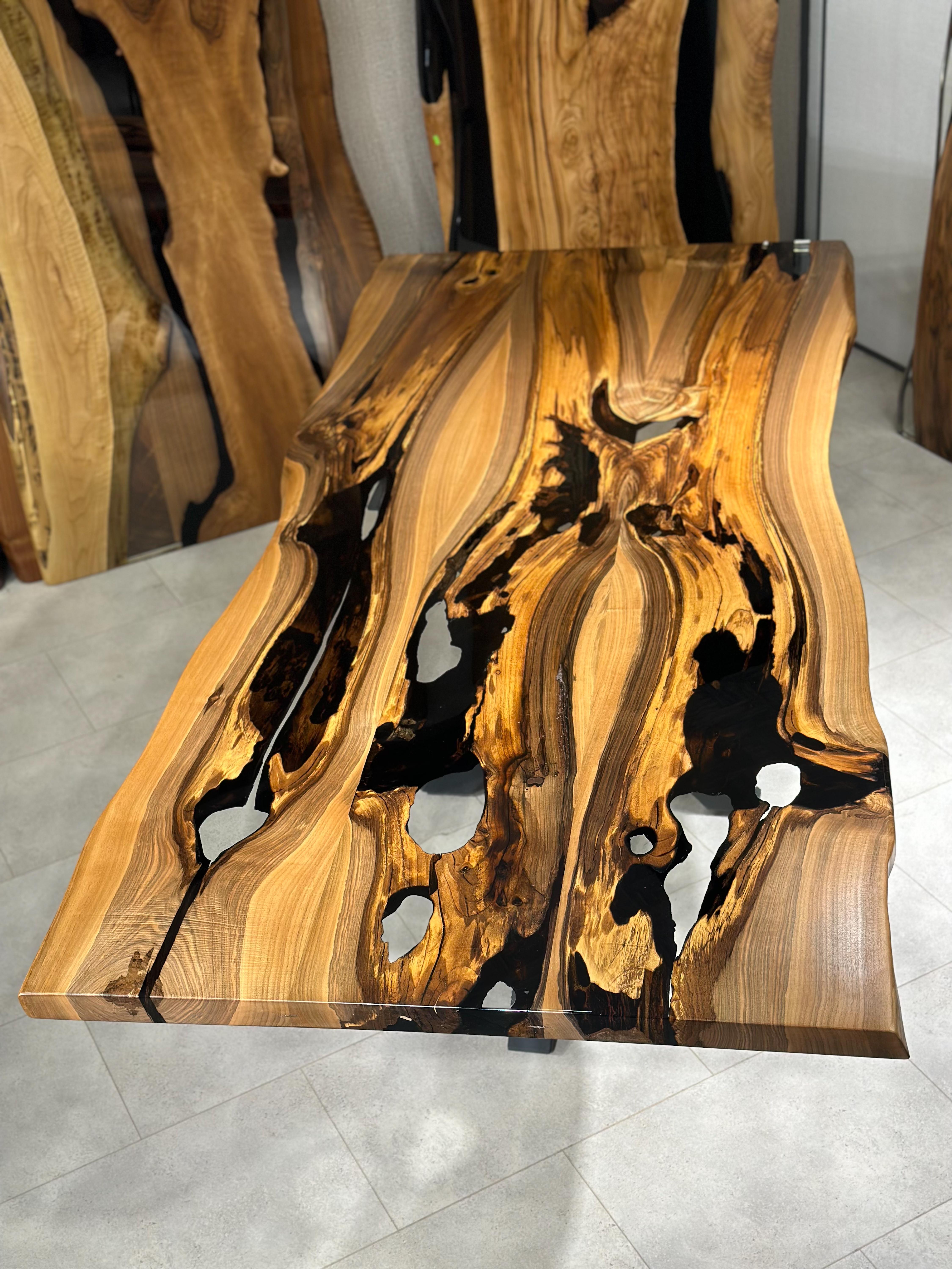 Welded Live Edge Clear Epoxy Resin Walnut Wood Dining & Conference Table For Sale