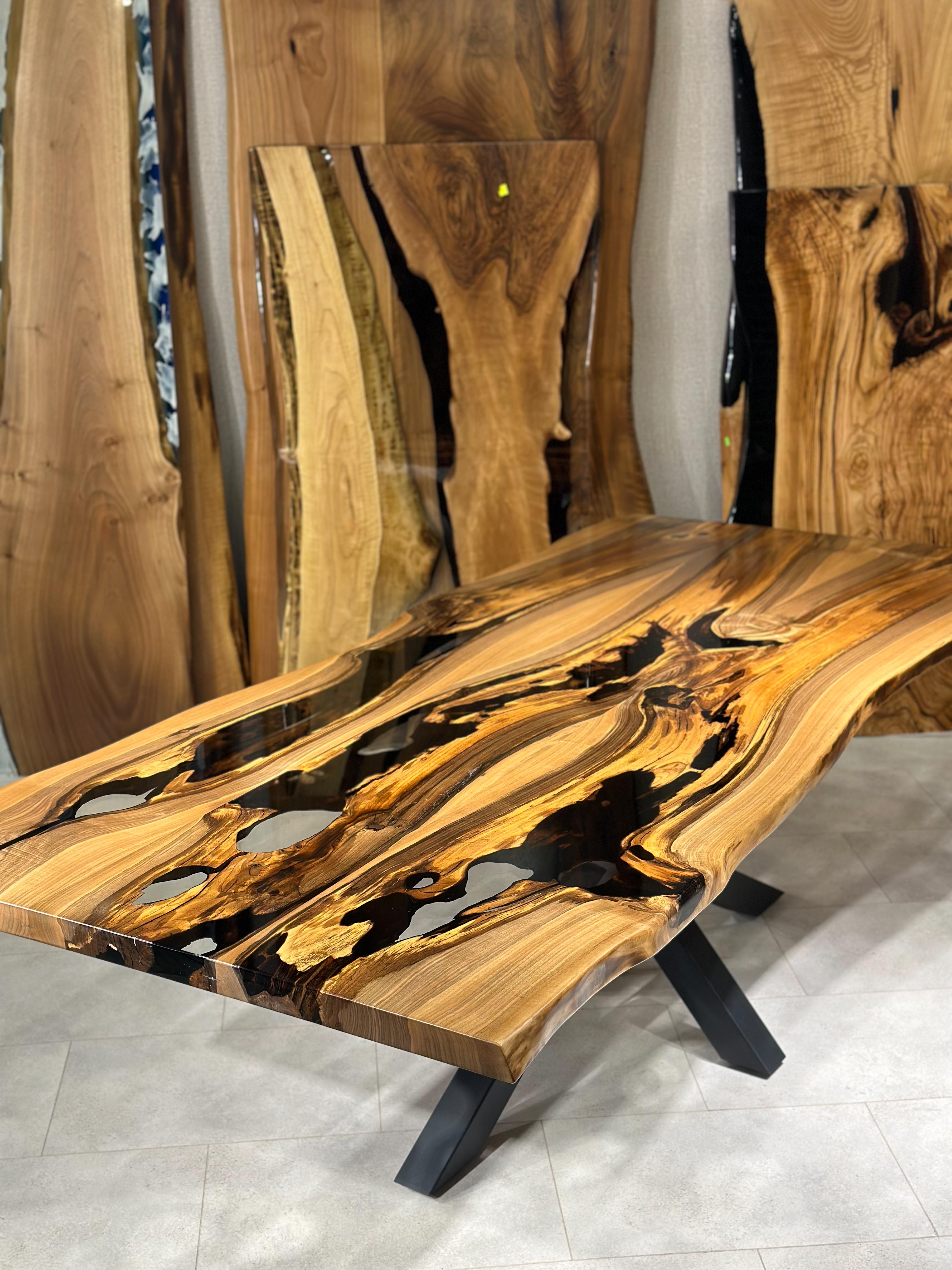 Live Edge Clear Epoxy Resin Walnut Wood Dining & Conference Table For Sale 1