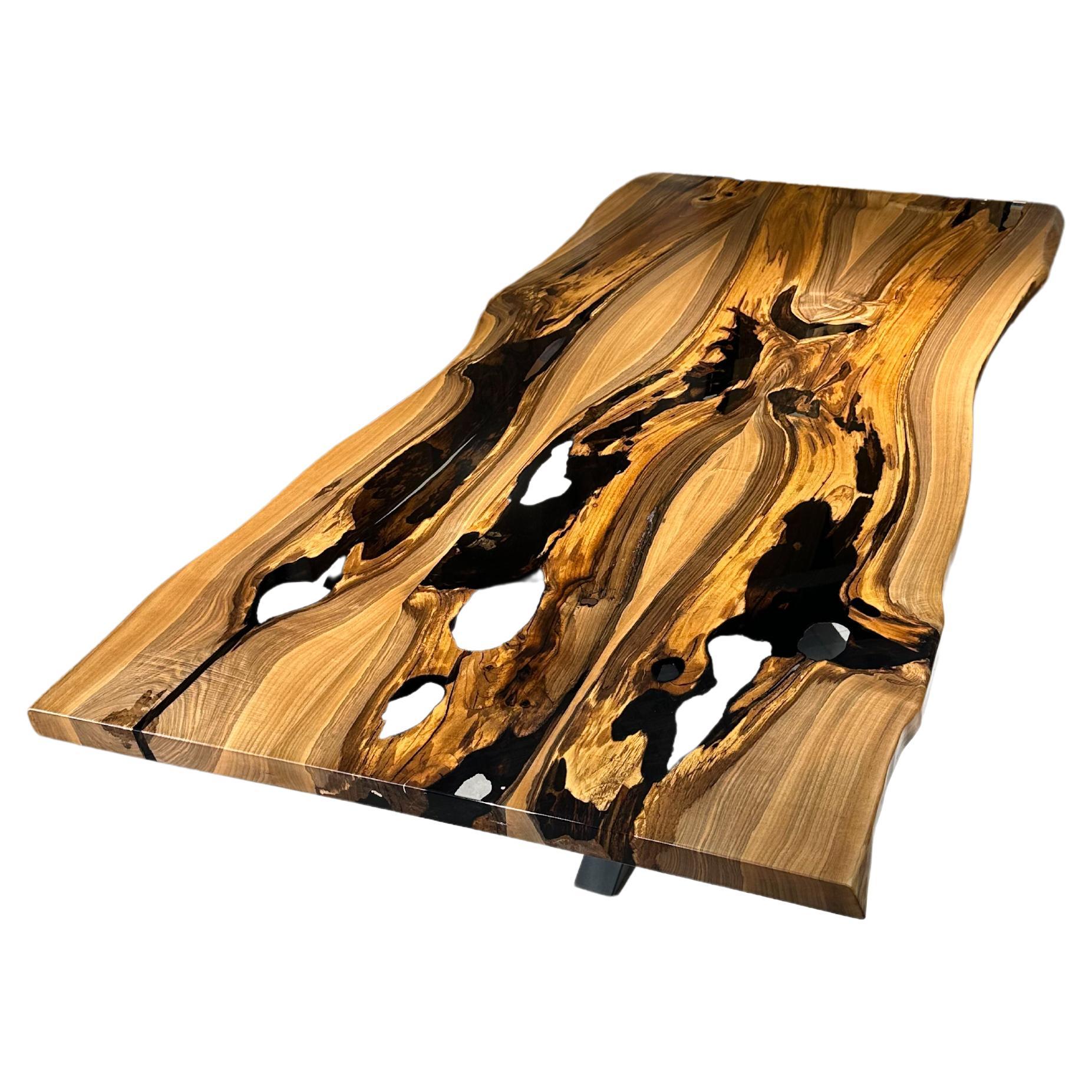 Live Edge Clear Epoxy Resin Walnut Wood Dining & Conference Table For Sale