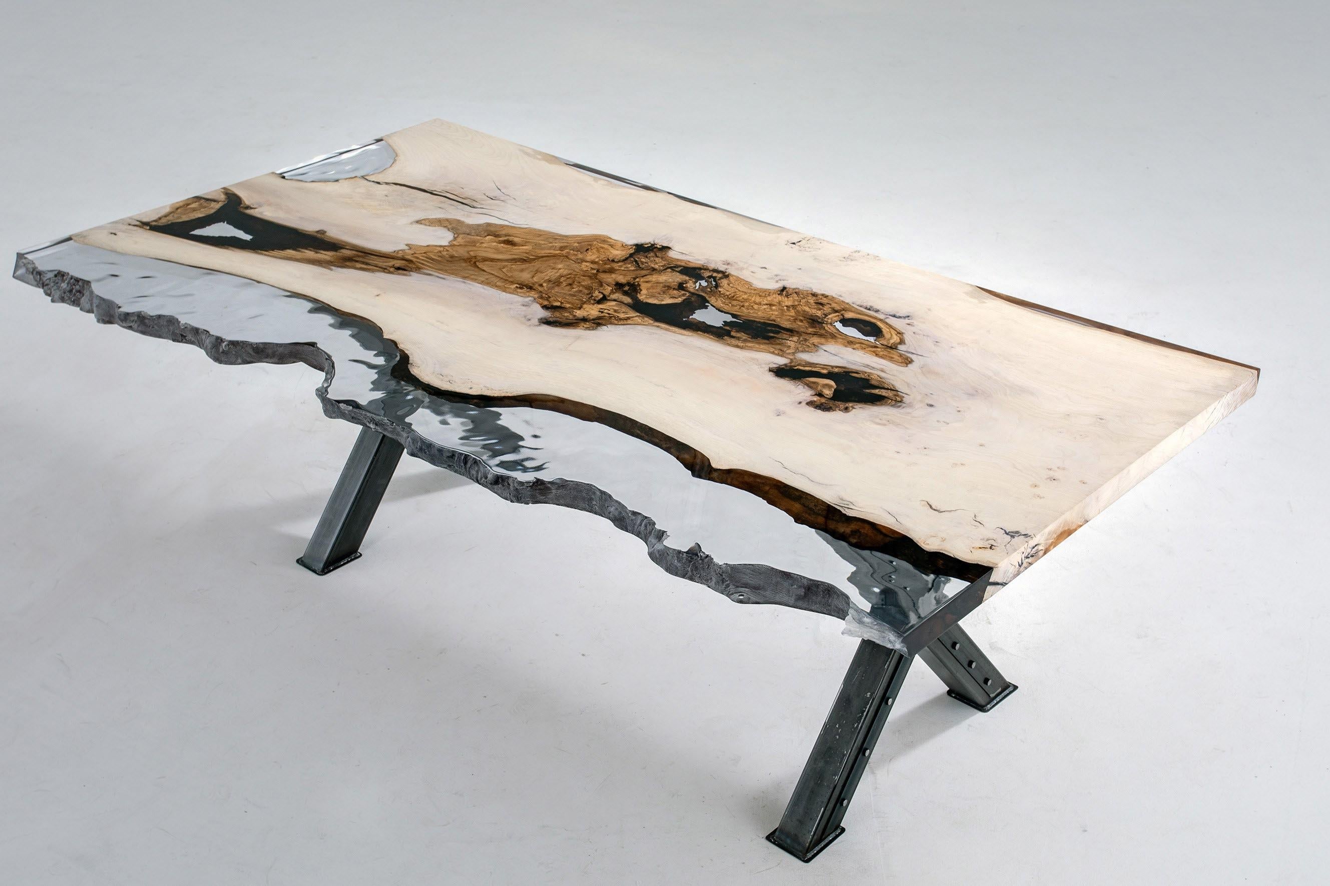 Welded Live Edge Clear Resin Ash Wood Dining Table For Sale