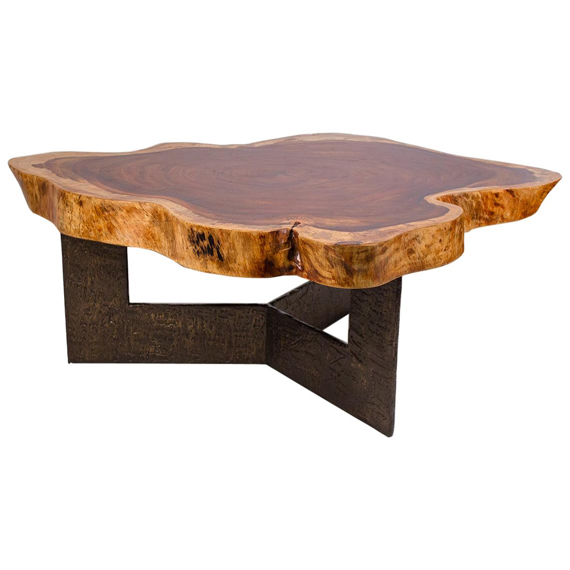 Live Edge Coffee Table in Parota Wood Tree Trunk with Brutalist Bronze Base