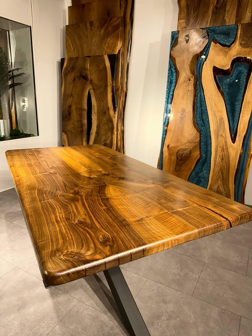 Hand-Carved Live Edge Solid Wood Table, Custom Walnut Wood Natural Dining Table For Sale