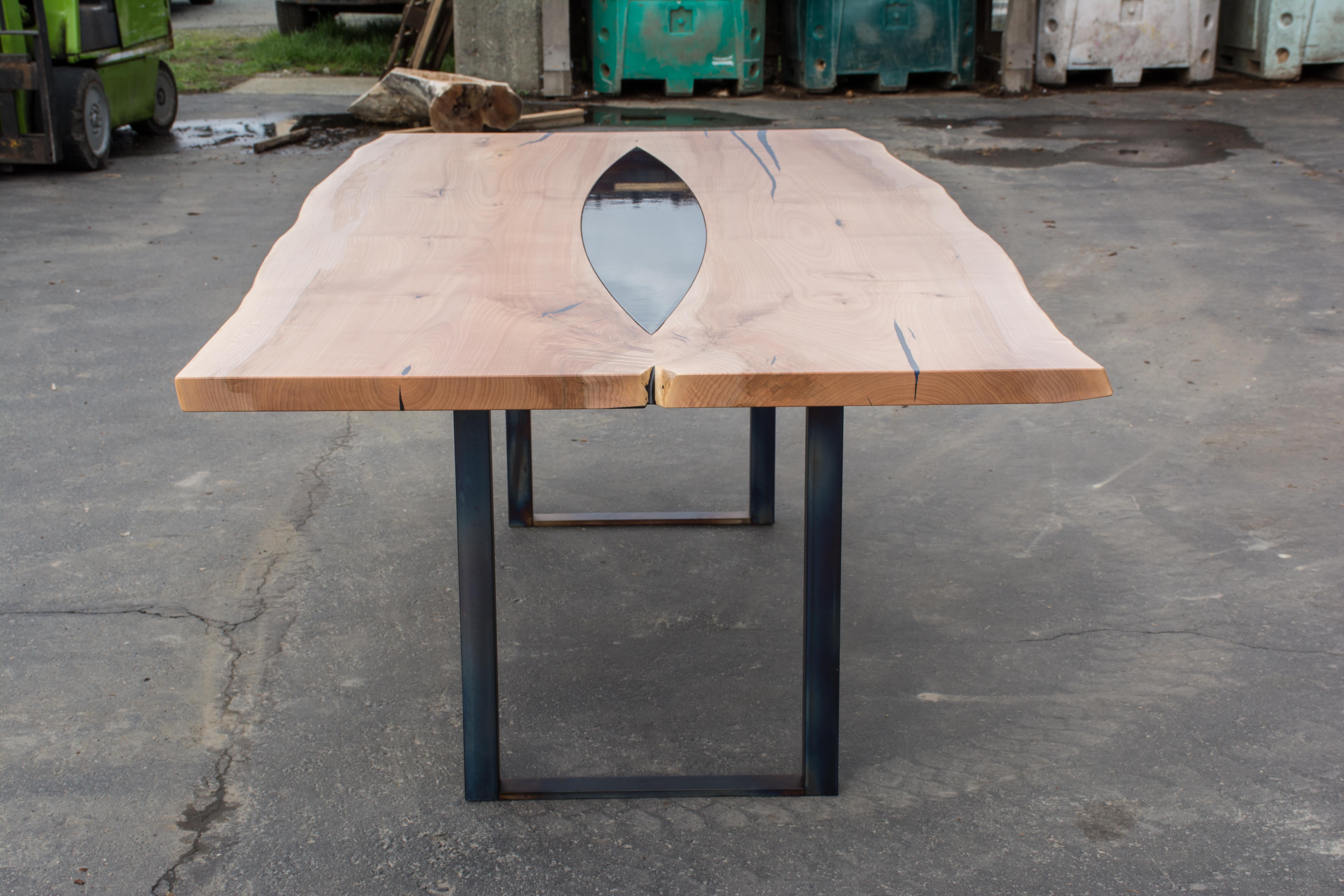 Mid-Century Modern Live Edge Dining Table Made from Maple with Blue Steel Inlay and Gun Metal Legs For Sale
