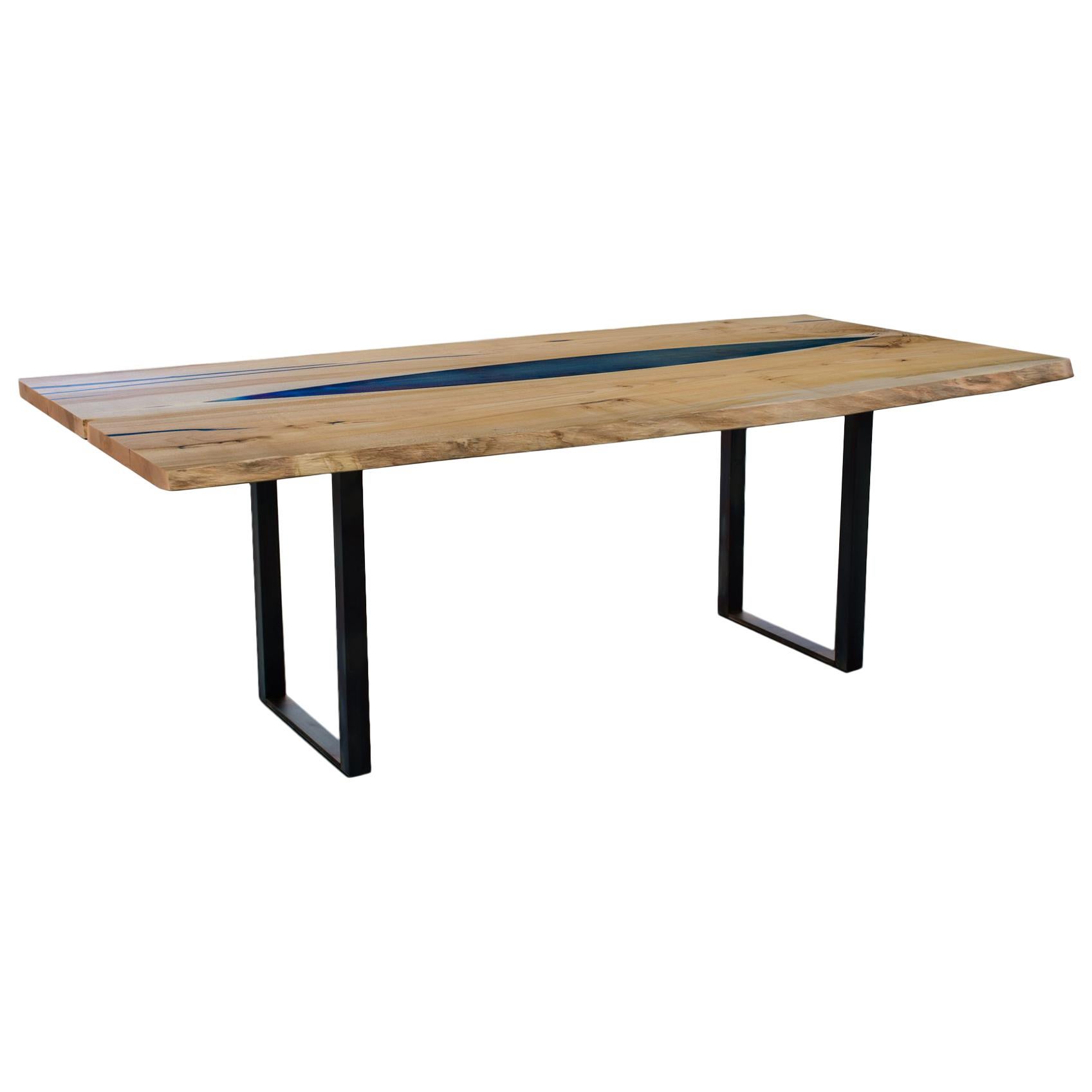 Live Edge Dining Table Made from Maple with Blue Steel Inlay and Gun Metal Legs For Sale