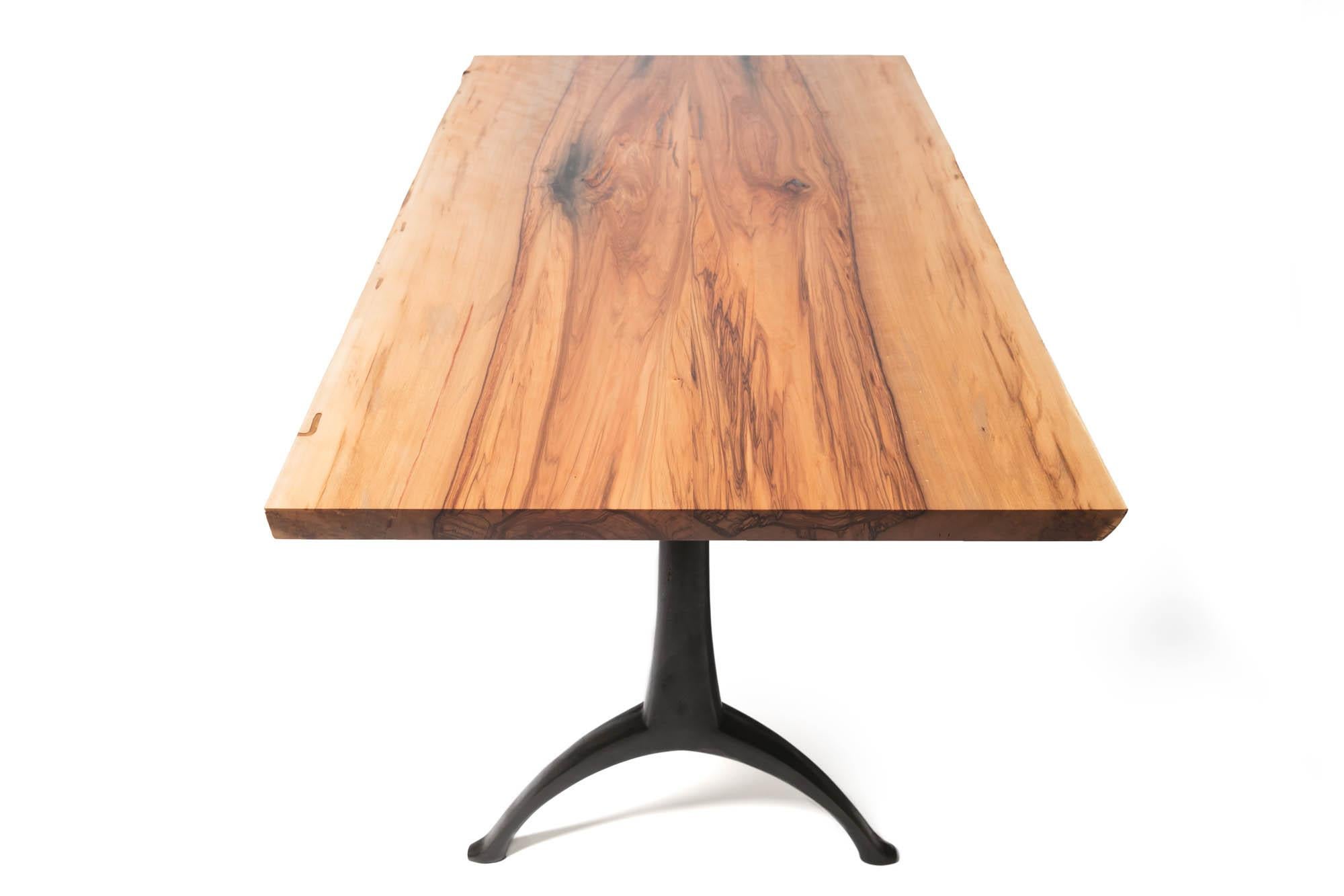 Contemporary Live Edge Satin Walnut (Sweet Gum) Dining Table Cast Iron Legacy (Wishbone) Base For Sale