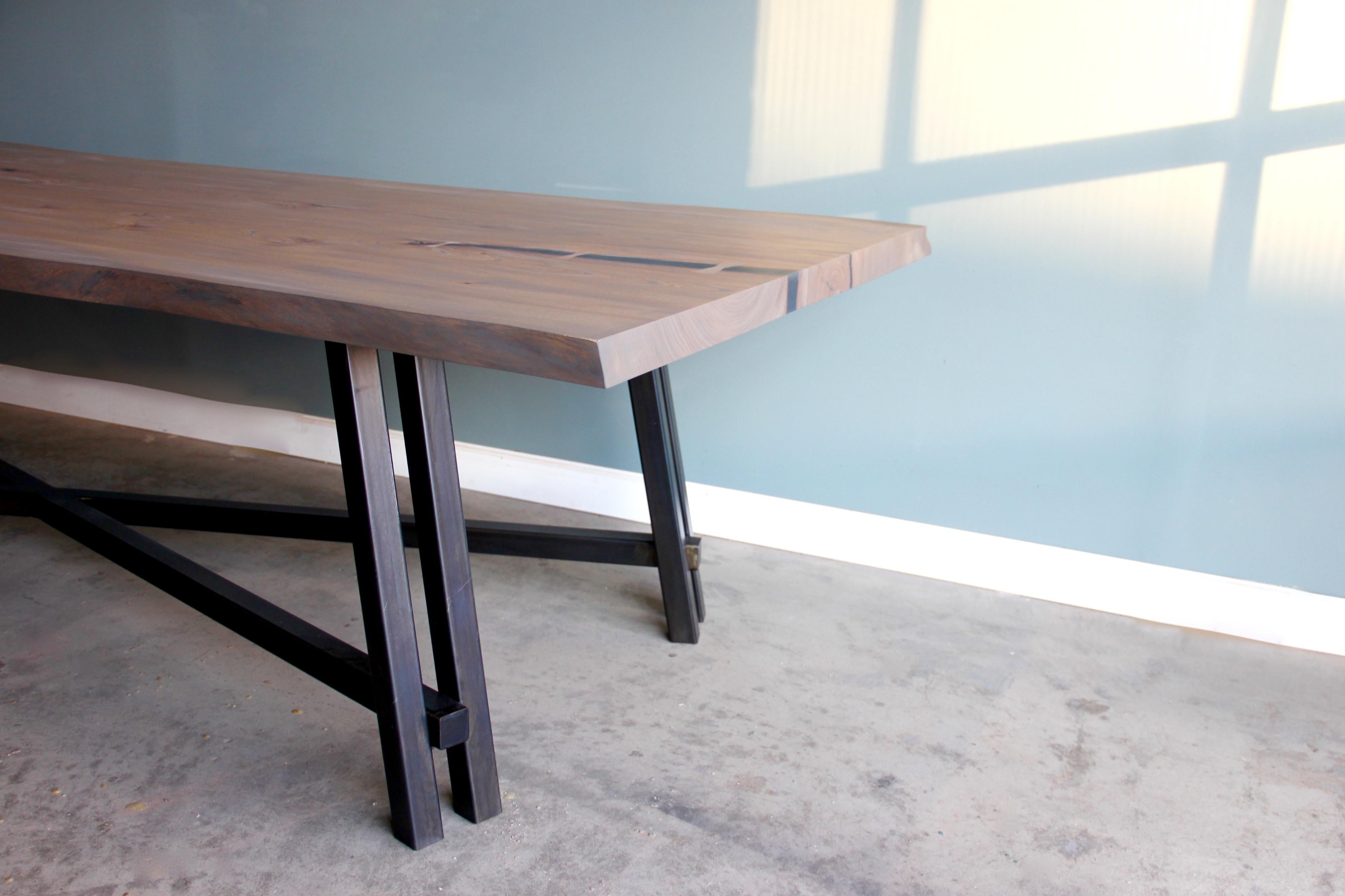 Industrial Live Edge Dining Table with Steel Intersecting Base For Sale