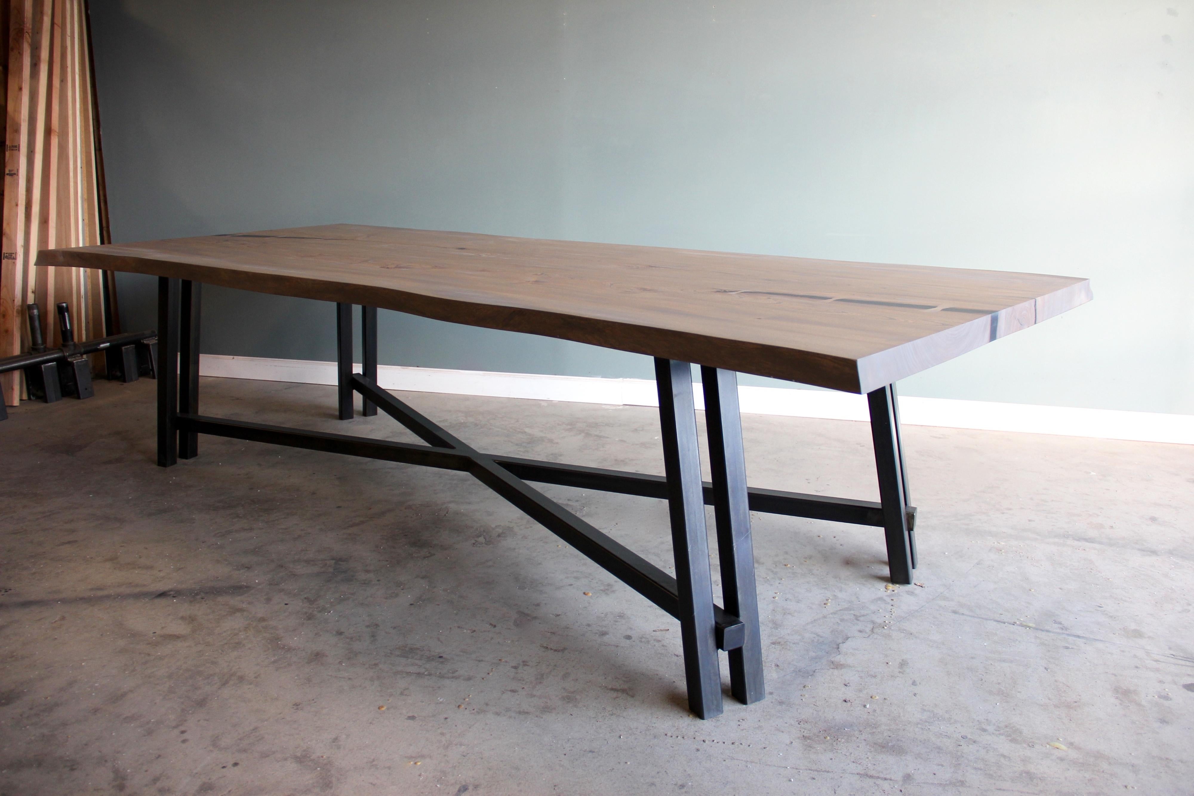 Metalwork Live Edge Dining Table with Steel Intersecting Base For Sale