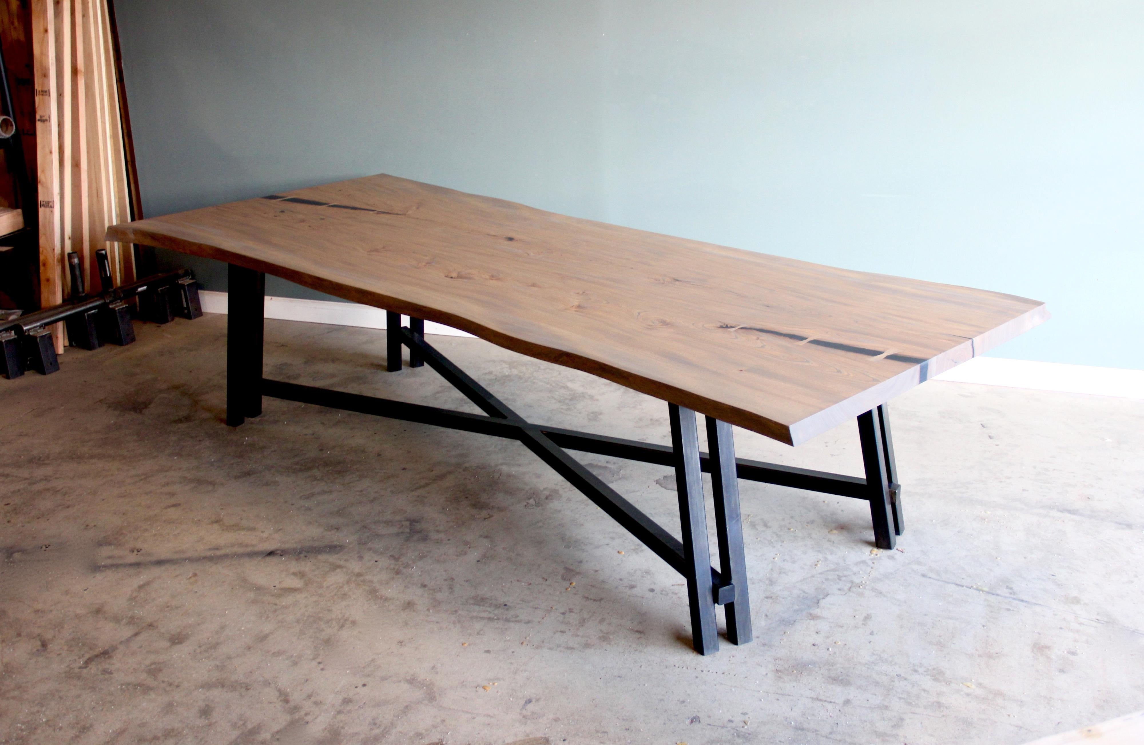 Live Edge Dining Table with Steel Intersecting Base For Sale 2