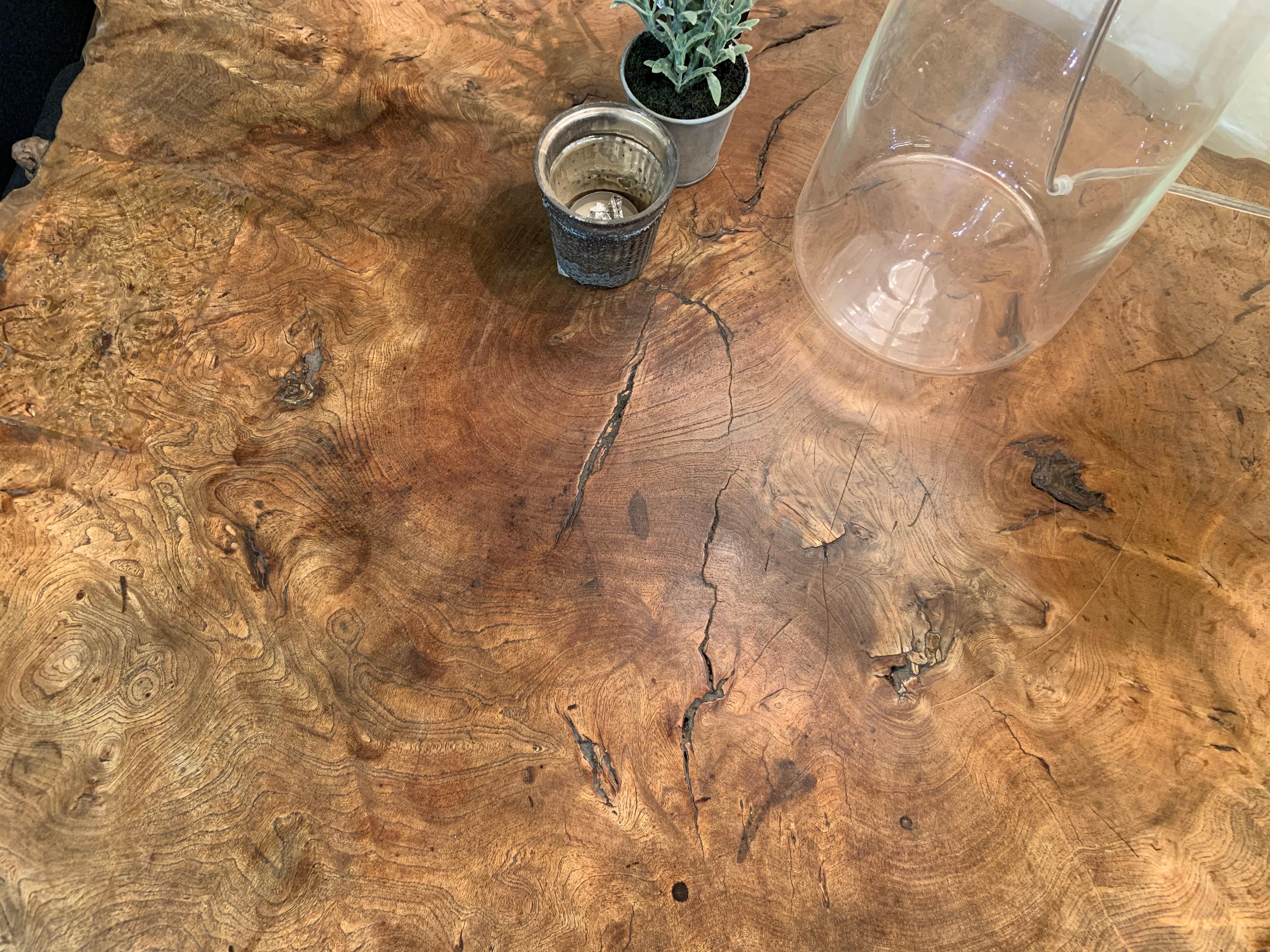 Hand-Carved Live Edge Elm Table For Sale