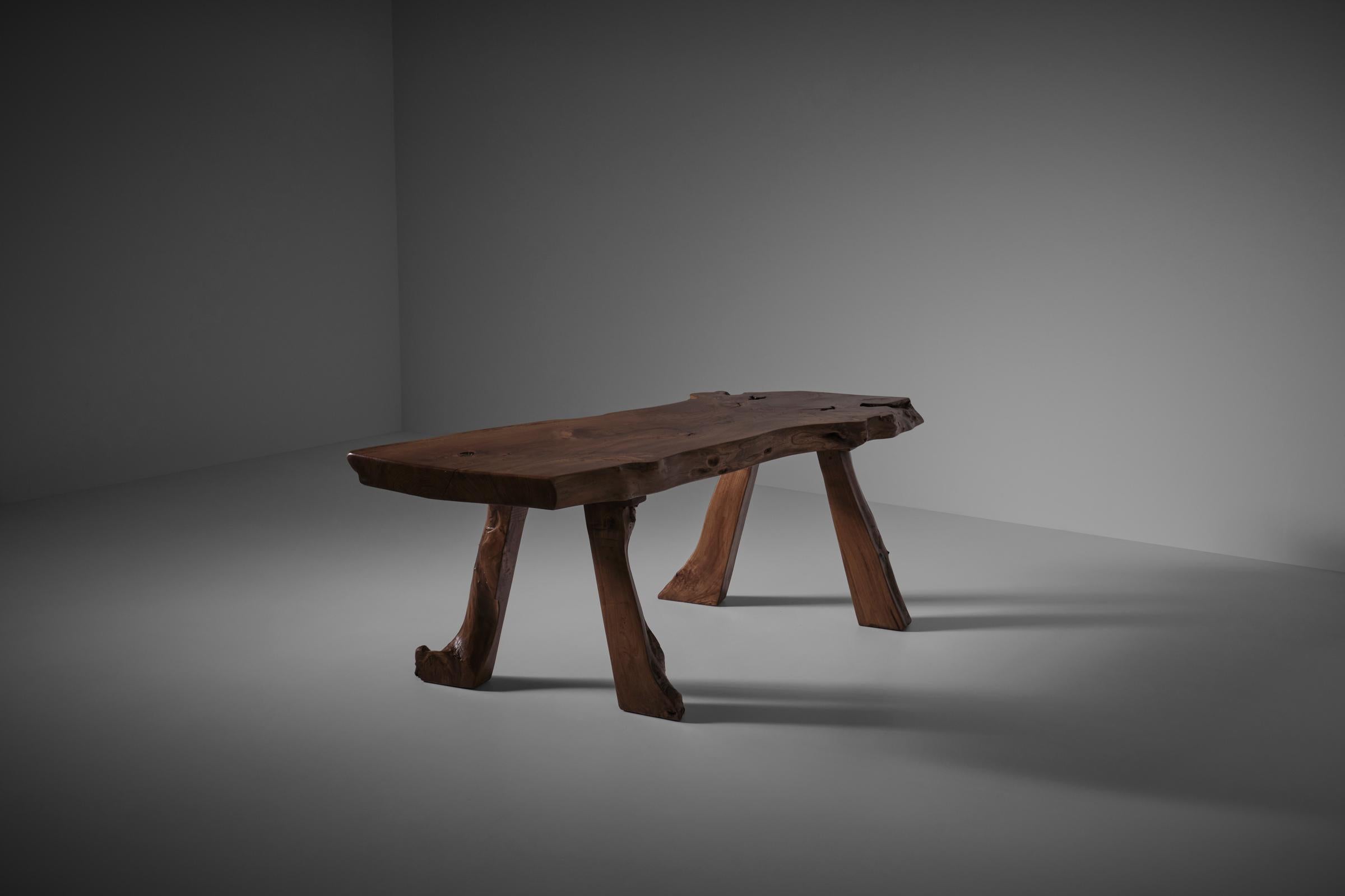 Late 20th Century Live Edge Elm Wooden Table and Benches, France 1970s For Sale