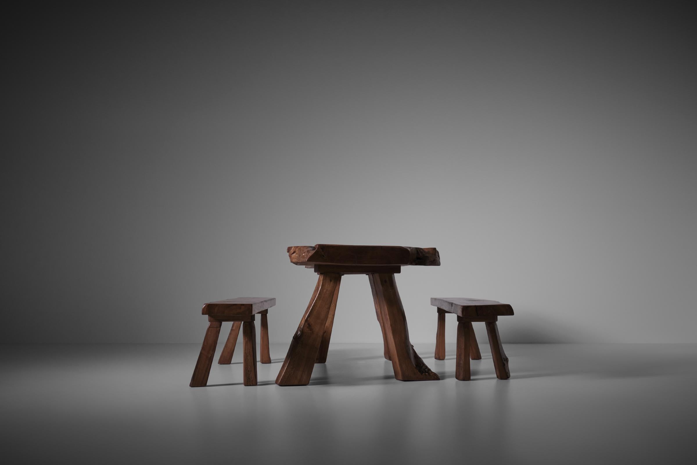 Live Edge Elm Wooden Table and Benches, France 1970s For Sale 1