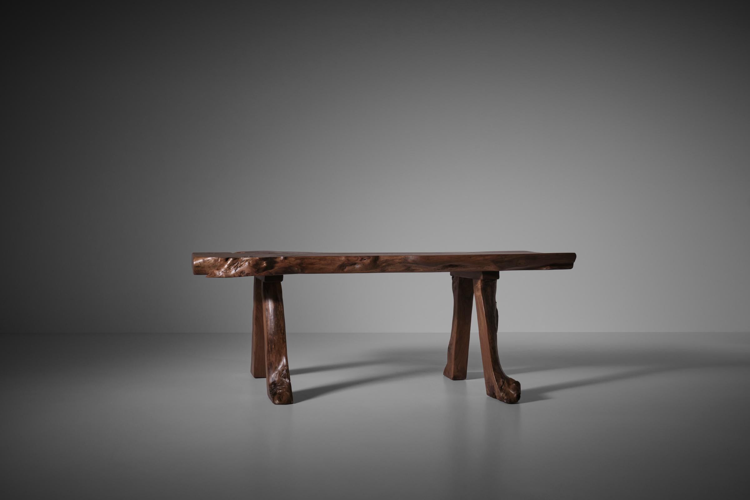 Live Edge Elm Wooden Table and Benches, France 1970s For Sale 2