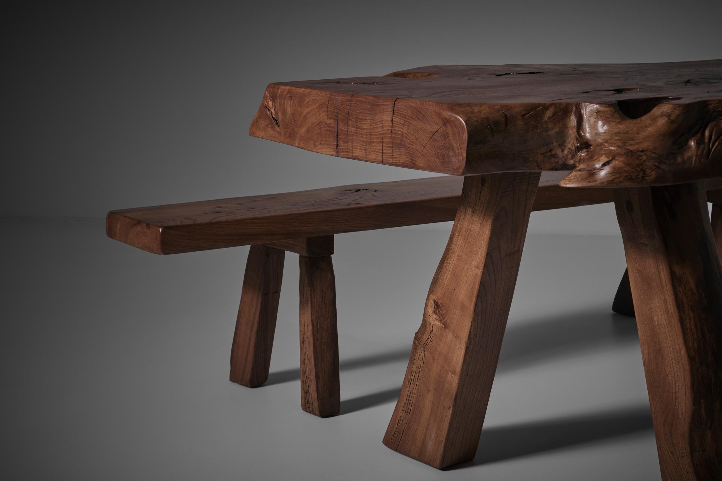 Live Edge Elm Wooden Table and Benches, France 1970s For Sale 3