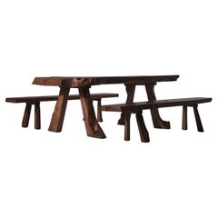 Live Edge Elm Wooden Table and Benches, France 1970s