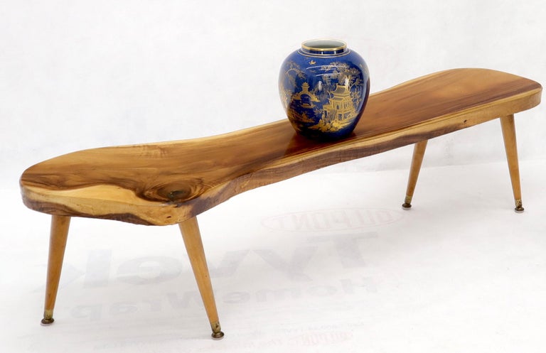 Mid-Century Modern beautiful wood grain live edge organic shape coffee table. Elongated rounded shape. The wood seems to be walnut.