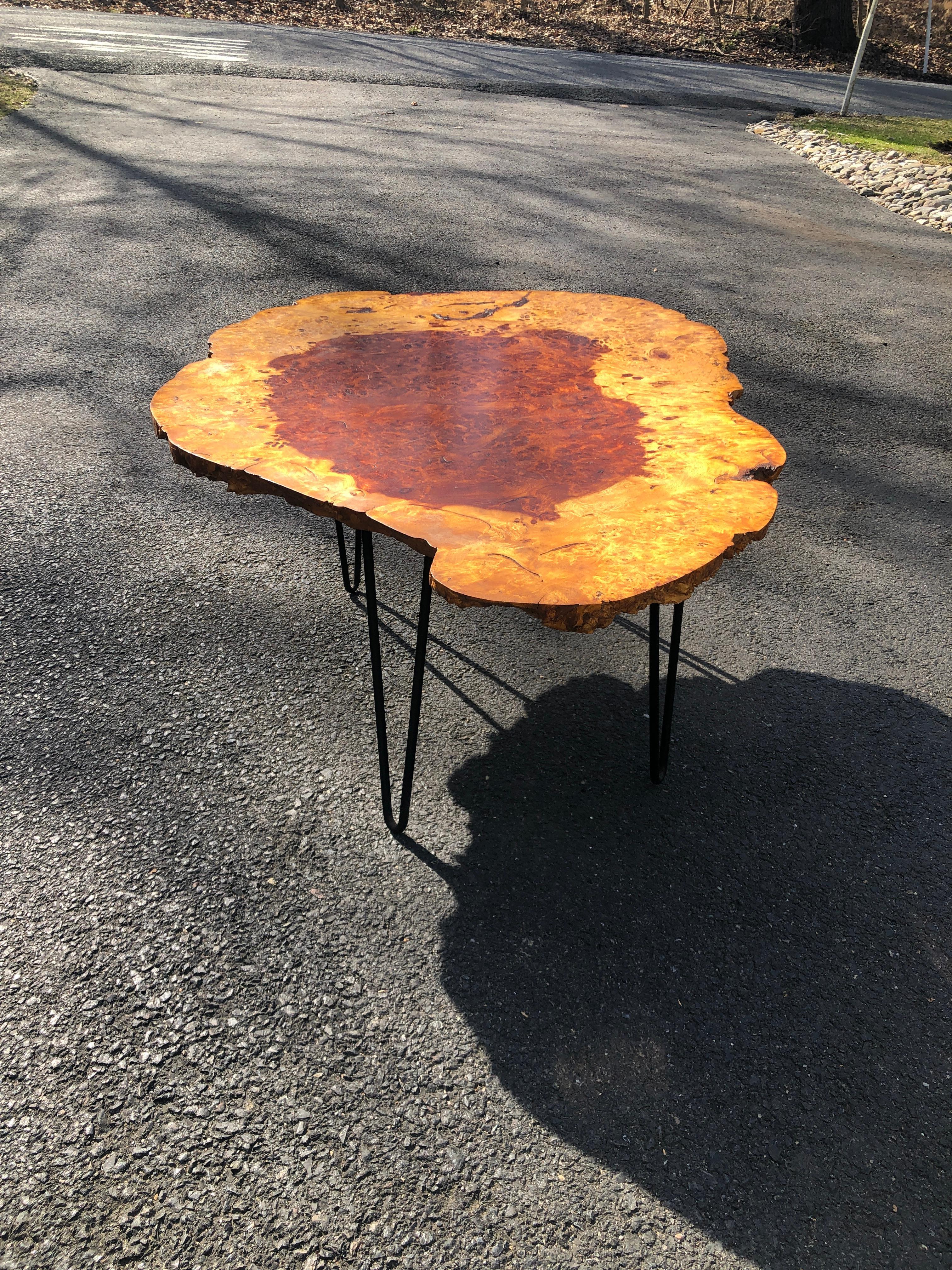 American Live Edge English Burl Oak Hairpin Leg Coffee Table End Table, 1960 For Sale