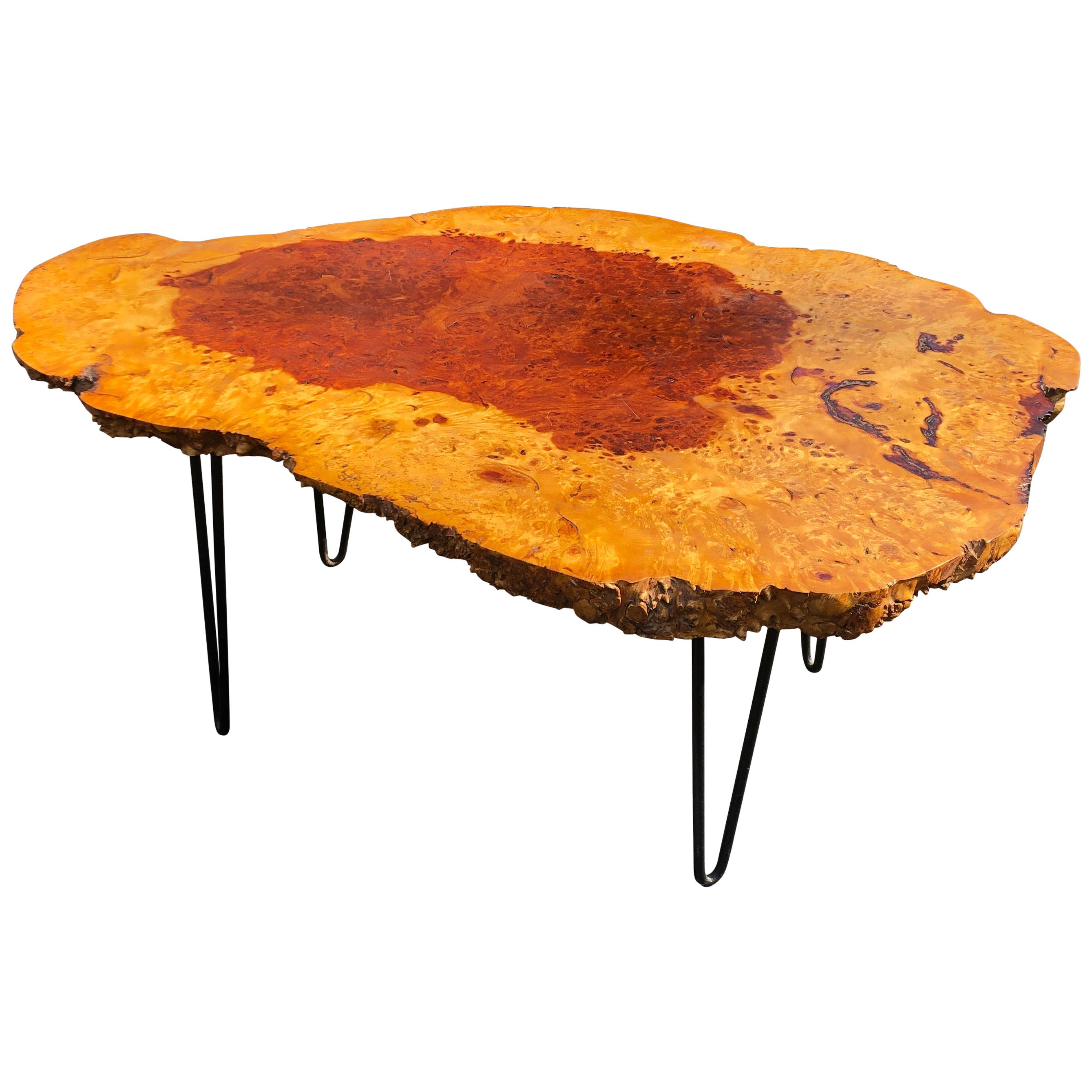 Live Edge English Burl Oak Hairpin Leg Coffee Table End Table, 1960 For