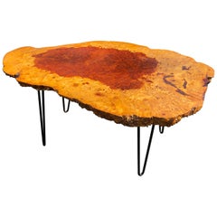 Live Edge English Burl Oak Hairpin Leg Coffee Table End Table, 1960
