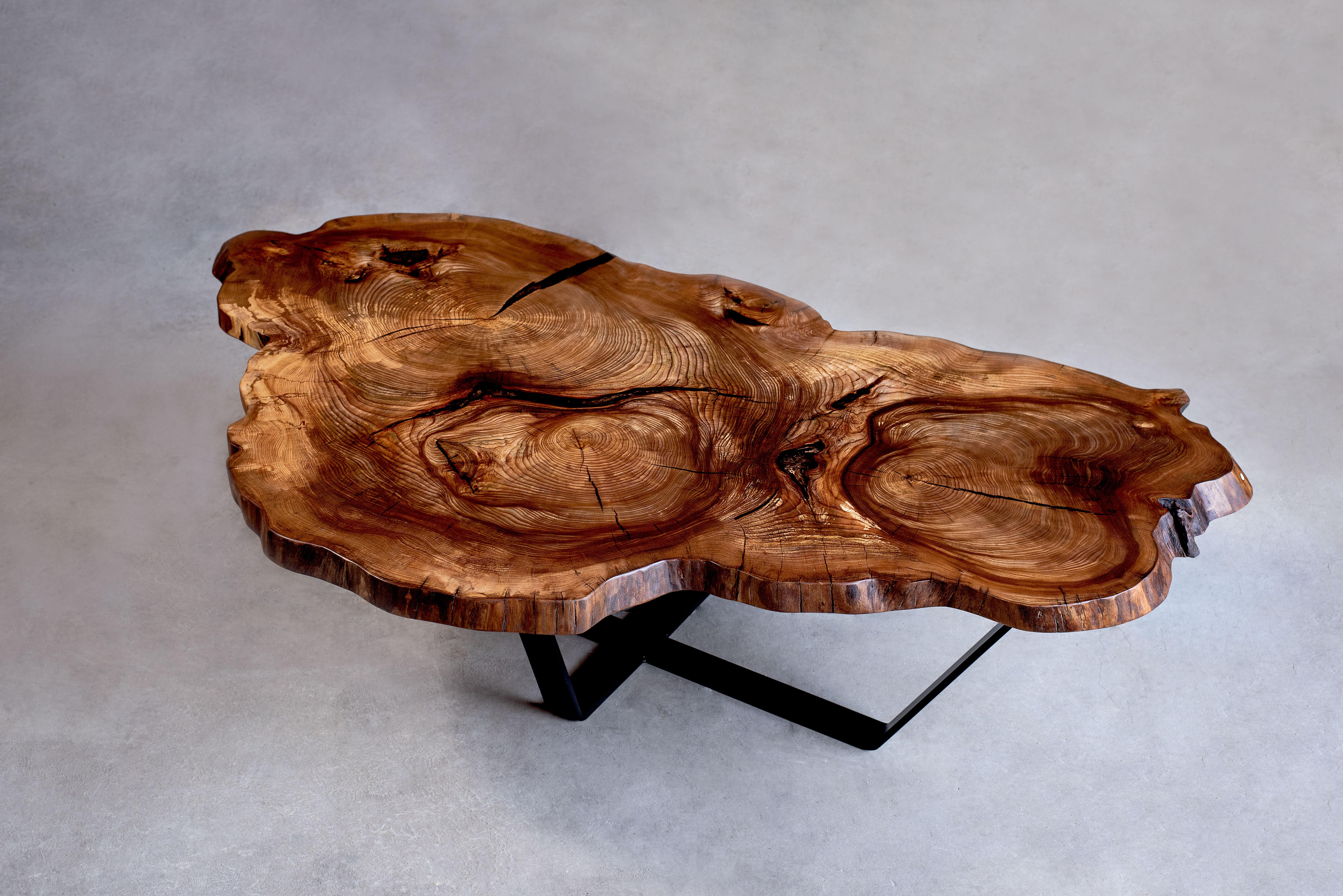 Live edge elm cookie coffee table with a mammoth inlay. The unique shape was formed by three elm trees growing into each other. Black powder-coated base.

The coffee table is available immediately.