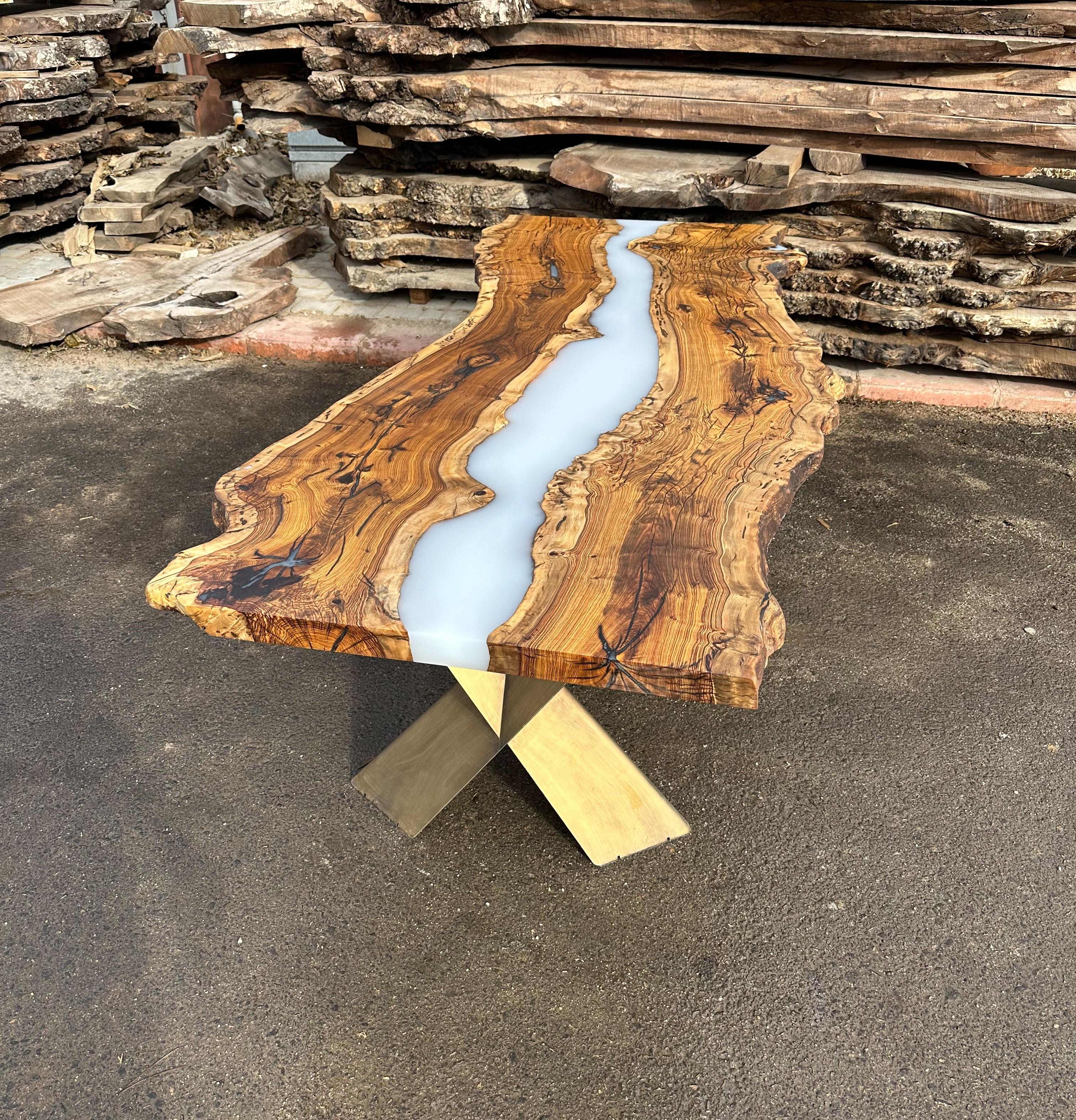 Modern Live Edge Hackberry Wood Epoxy Resin River Dining Table For Sale