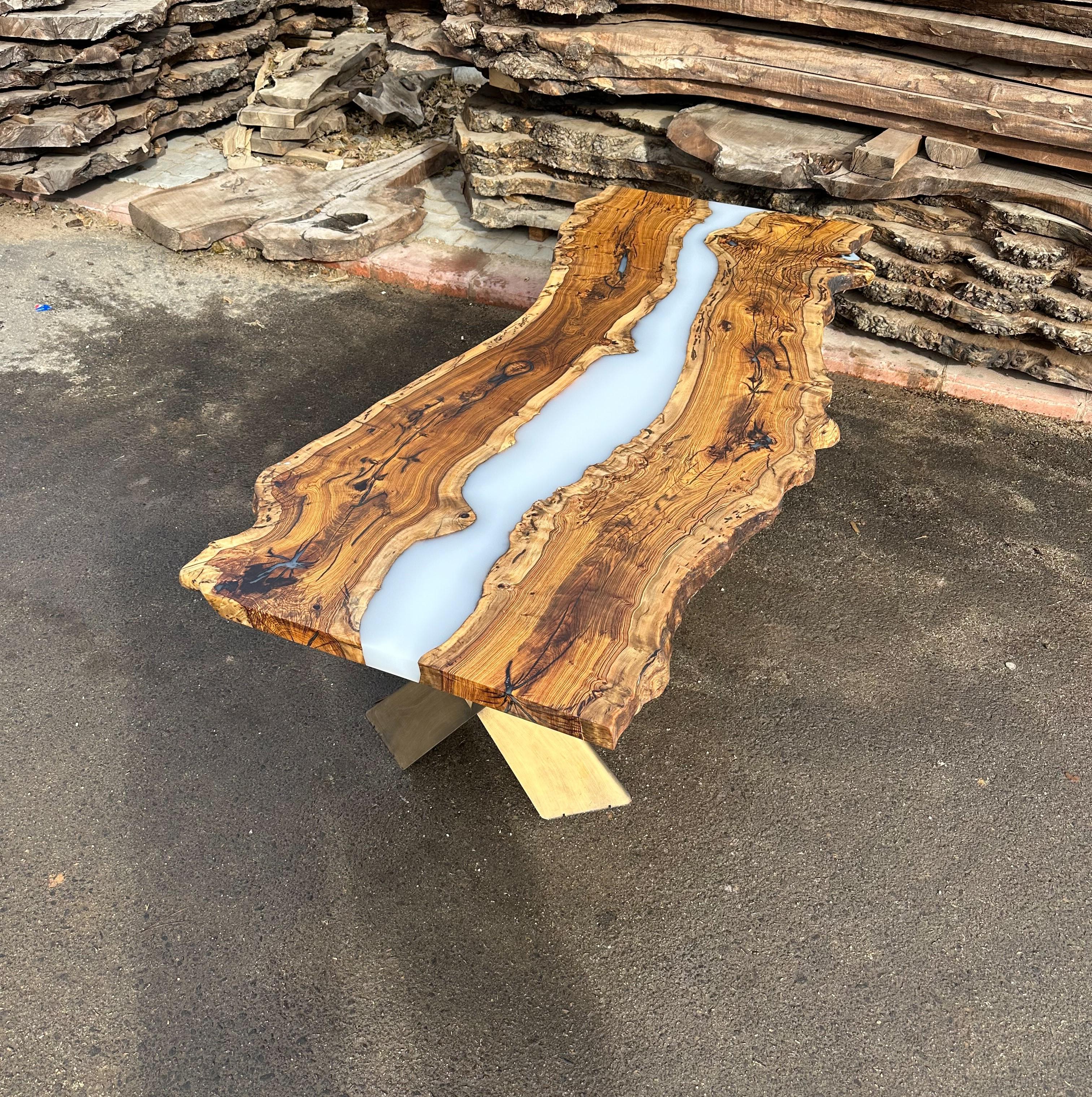 Hand-Crafted Live Edge Hackberry Wood Epoxy Resin River Dining Table For Sale