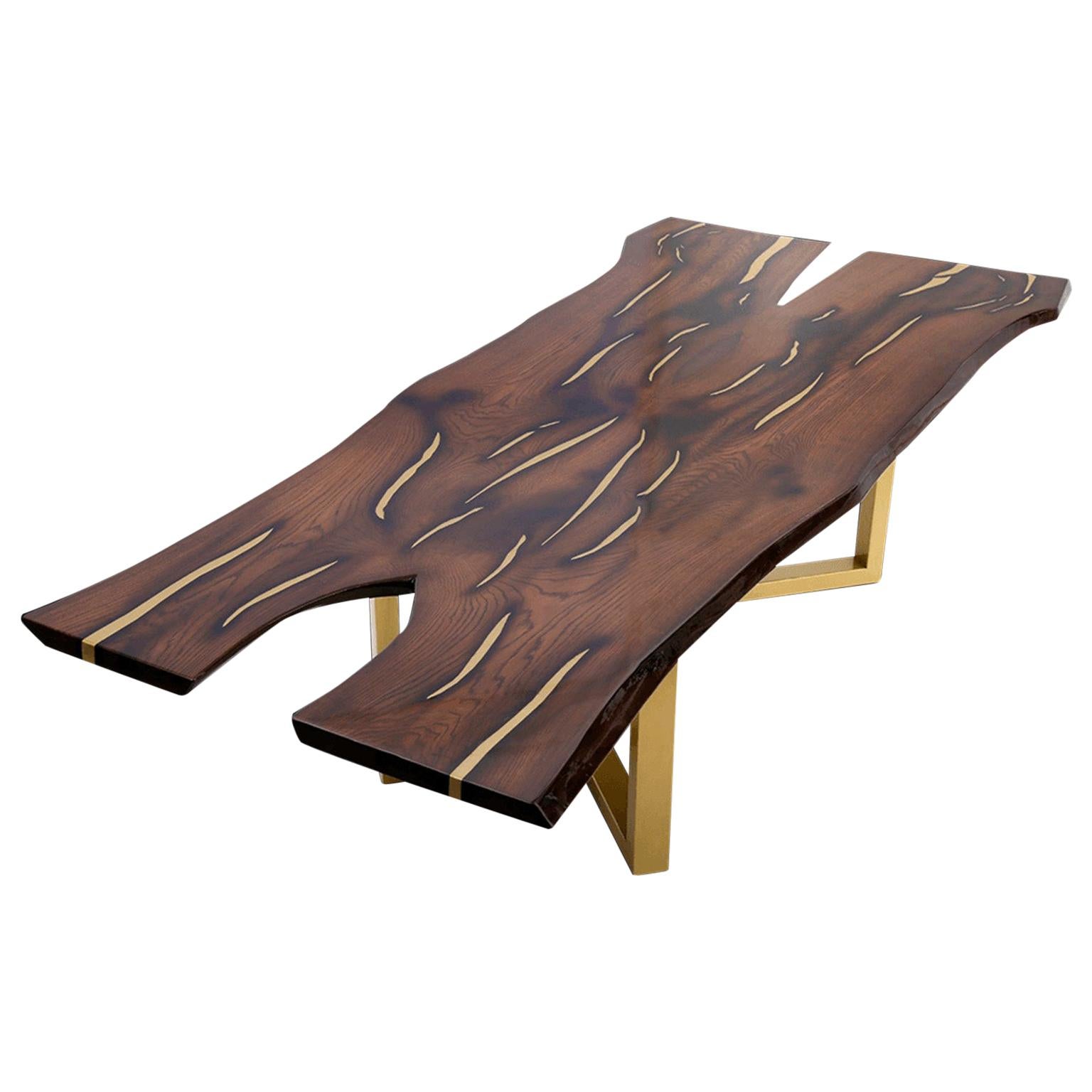 Grande table de salle à manger contemporaine Live Edge en chêne, bois de frêne, laiton ou cuivre en vente