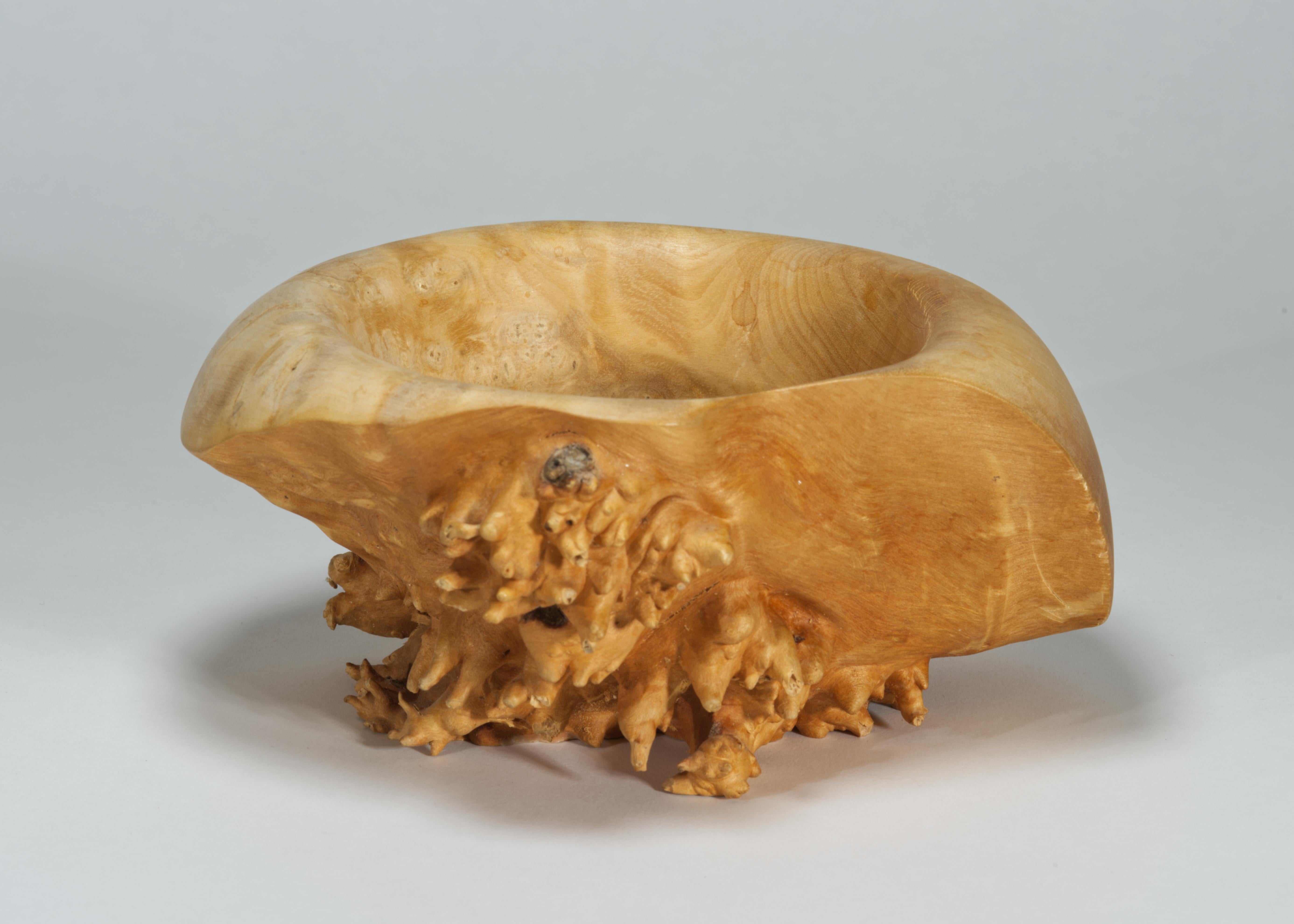 Hand carved asymmetrical wood bowl features Maple Burl free-form design with live edge underside and polished interior. The graphic burl grain patterns and wide tonal range add to organic, natural charm of the piece when it's viewed from above, and