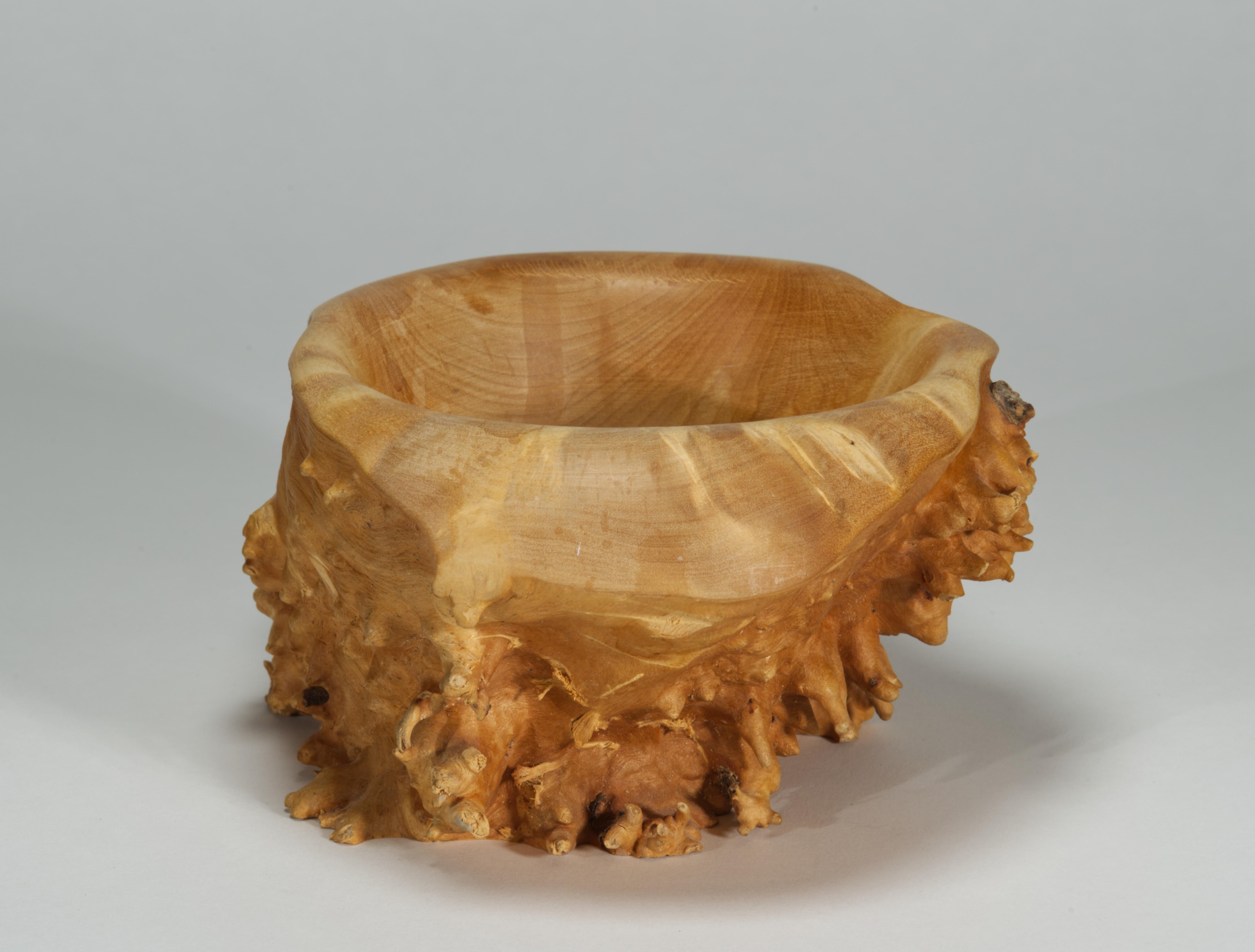 Mid-Century Modern Live Edge Maple Burl Asymmetrical Carved Wood Bowl, 1989 For Sale