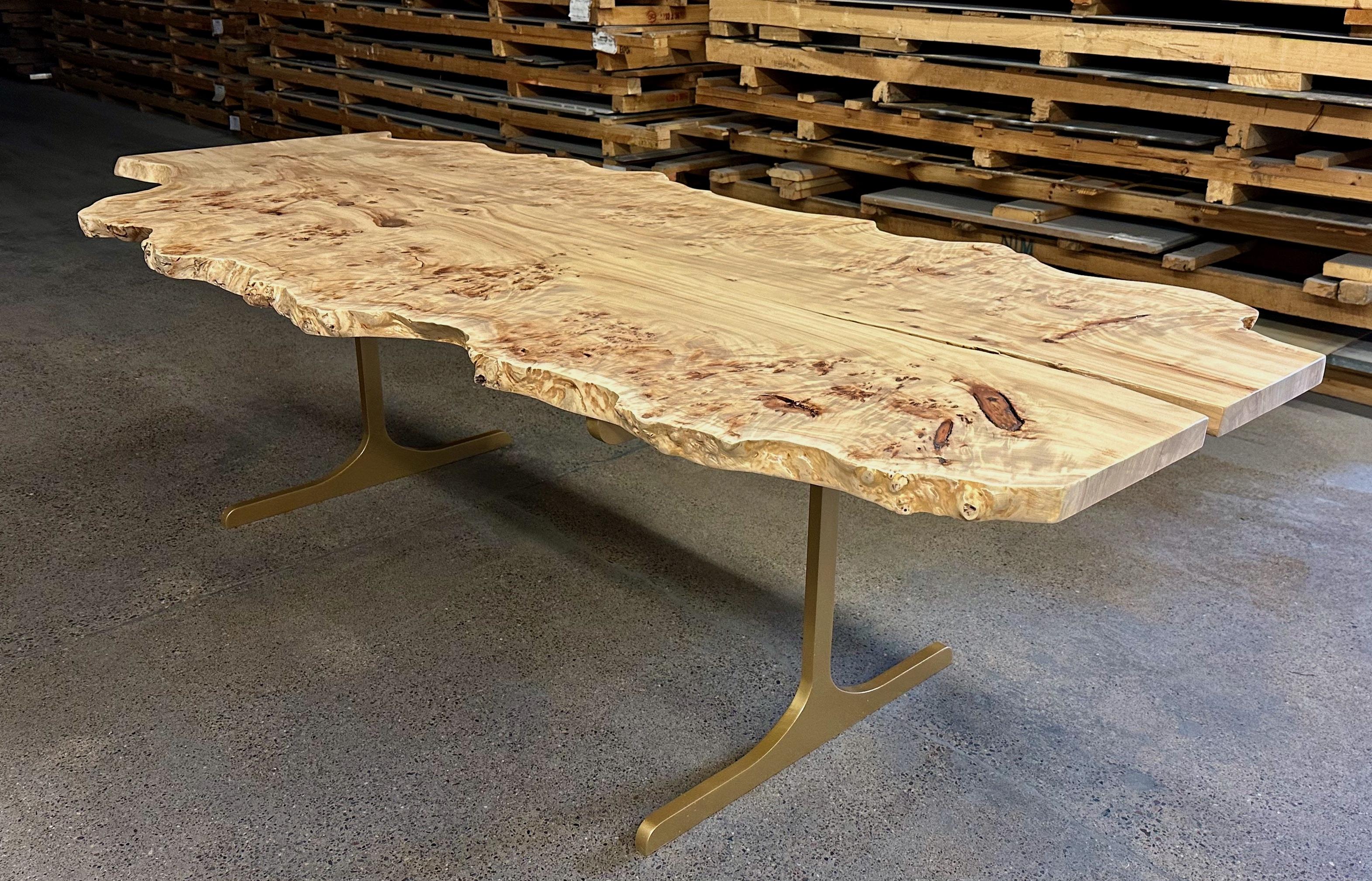 American Live edge mappa Burl dining table with custom powder coated leg For Sale
