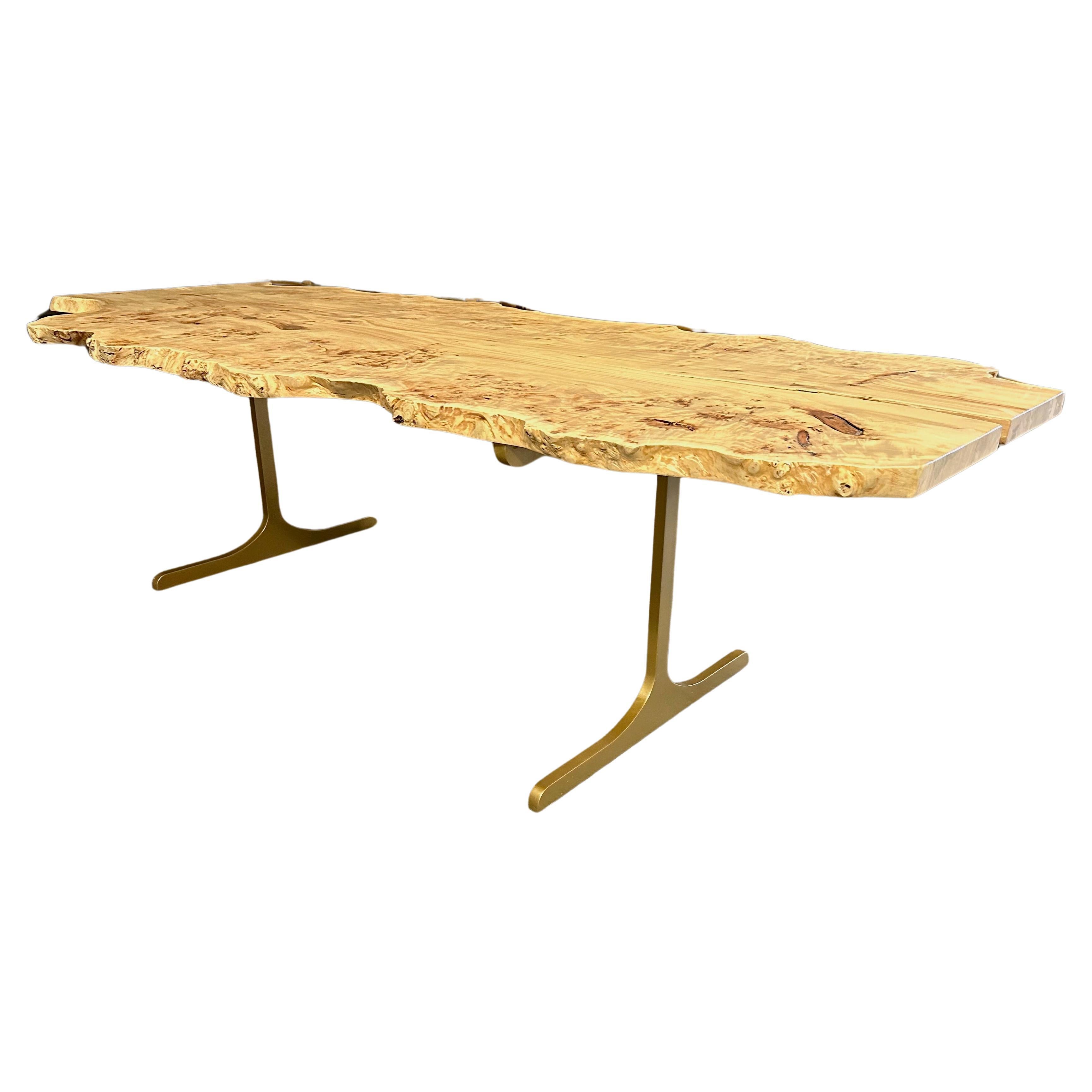 Live edge mappa Burl dining table with custom powder coated leg For Sale