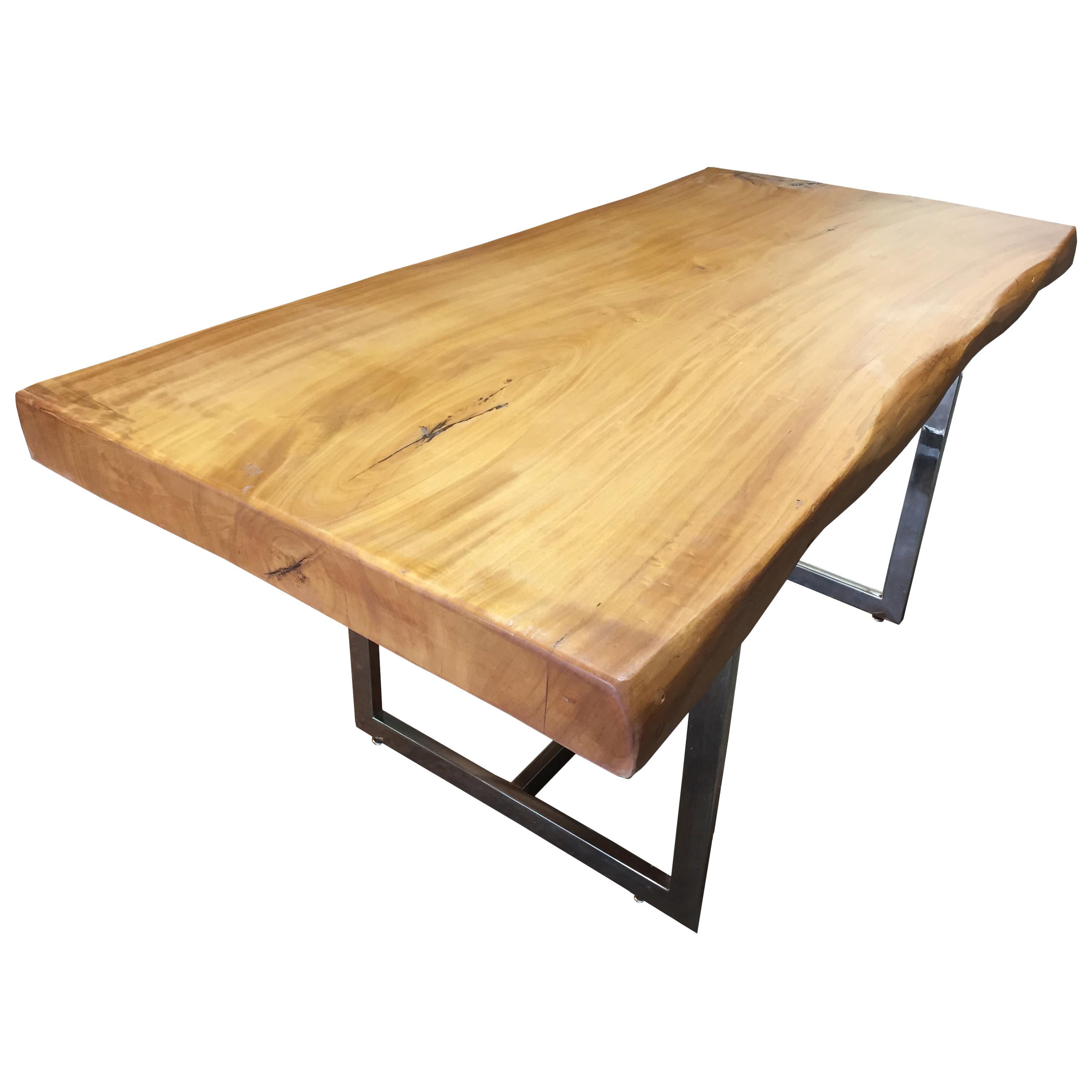 Live Edge Monkey Pod 3.5 Solid Slab Desk with Chrome Base For Sale