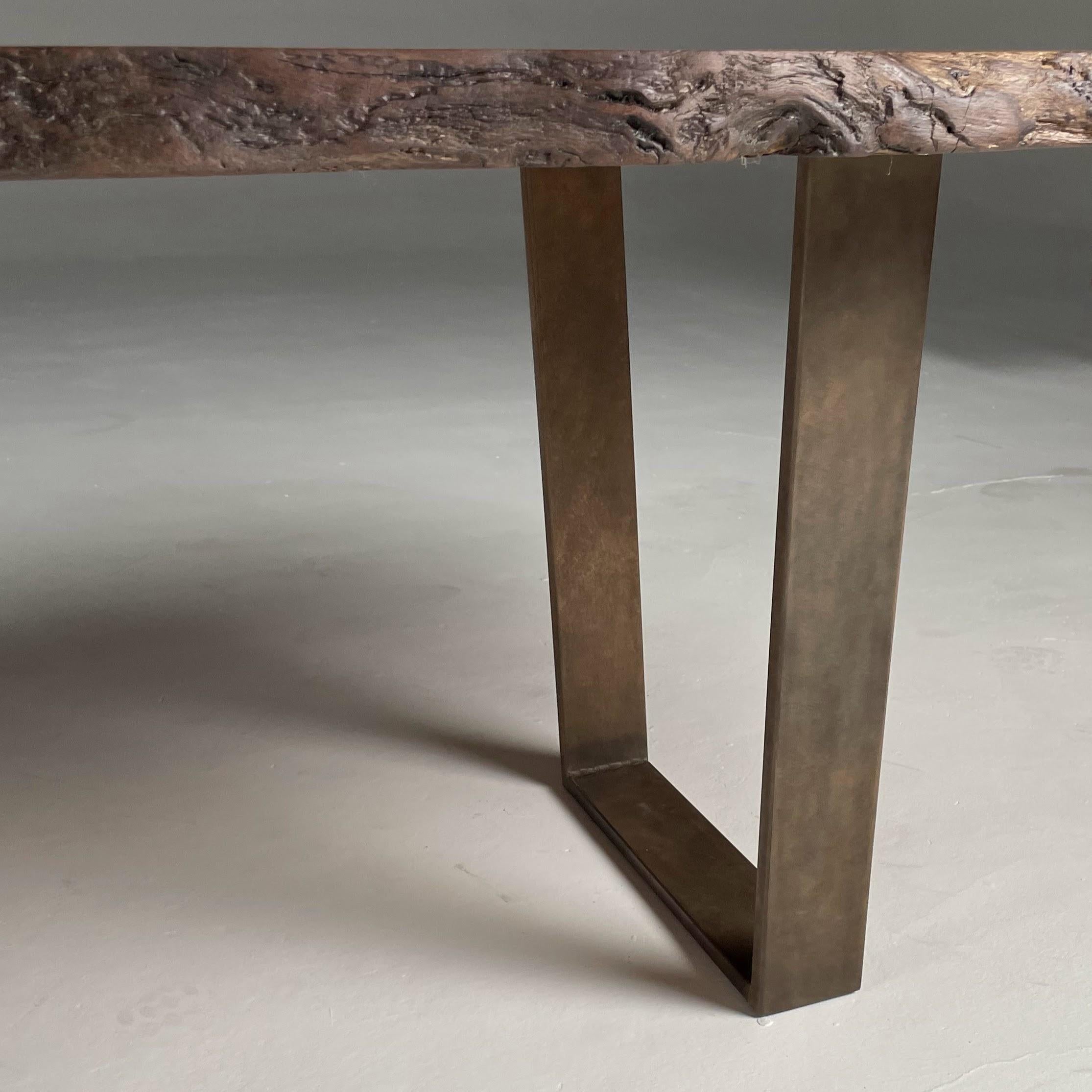 Live Edge English Oak Dining Table on Bronze Trapeze Legs. In New Condition For Sale In London, GB