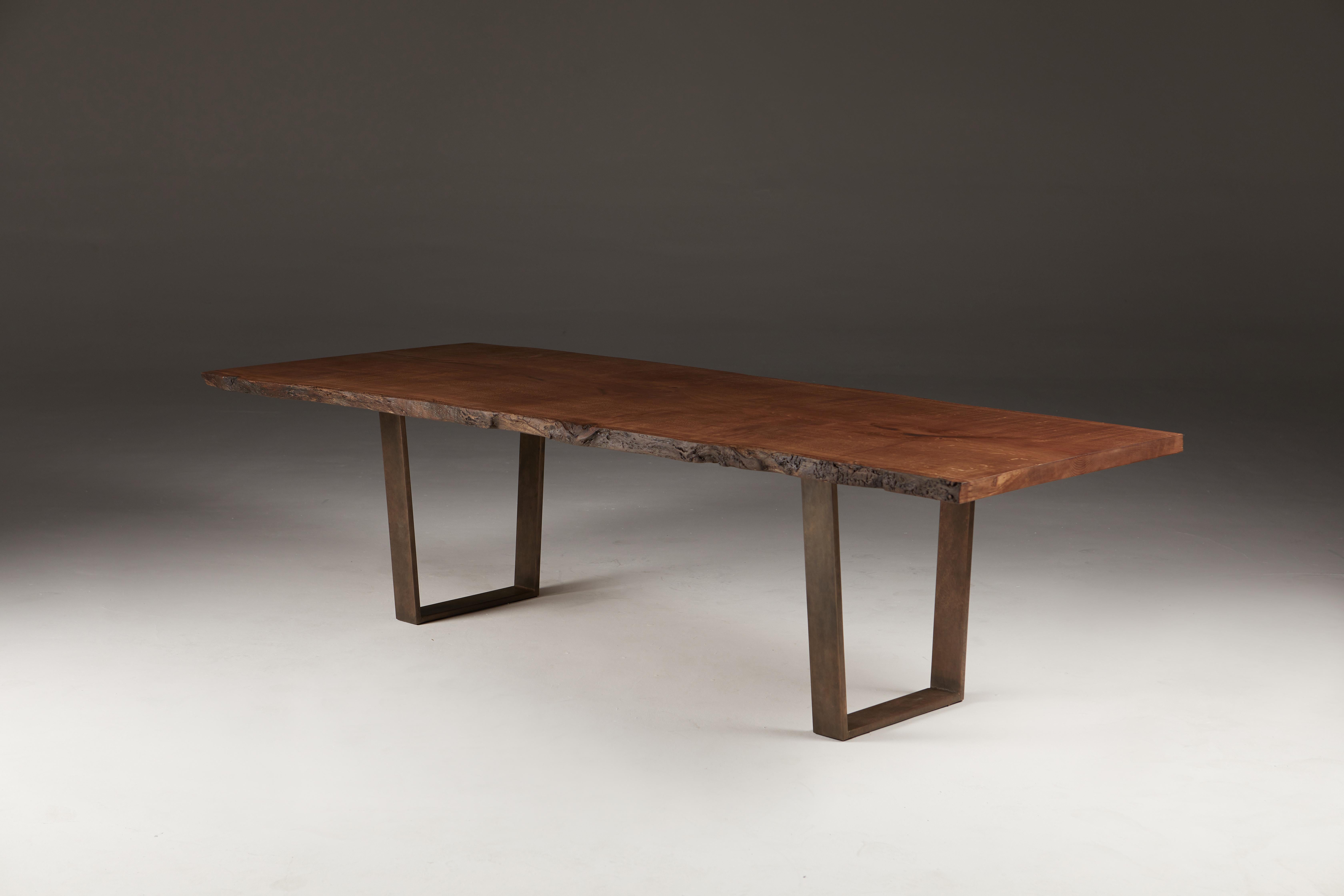 Live Edge English Oak Dining Table on Bronze Trapeze Legs. For Sale 2