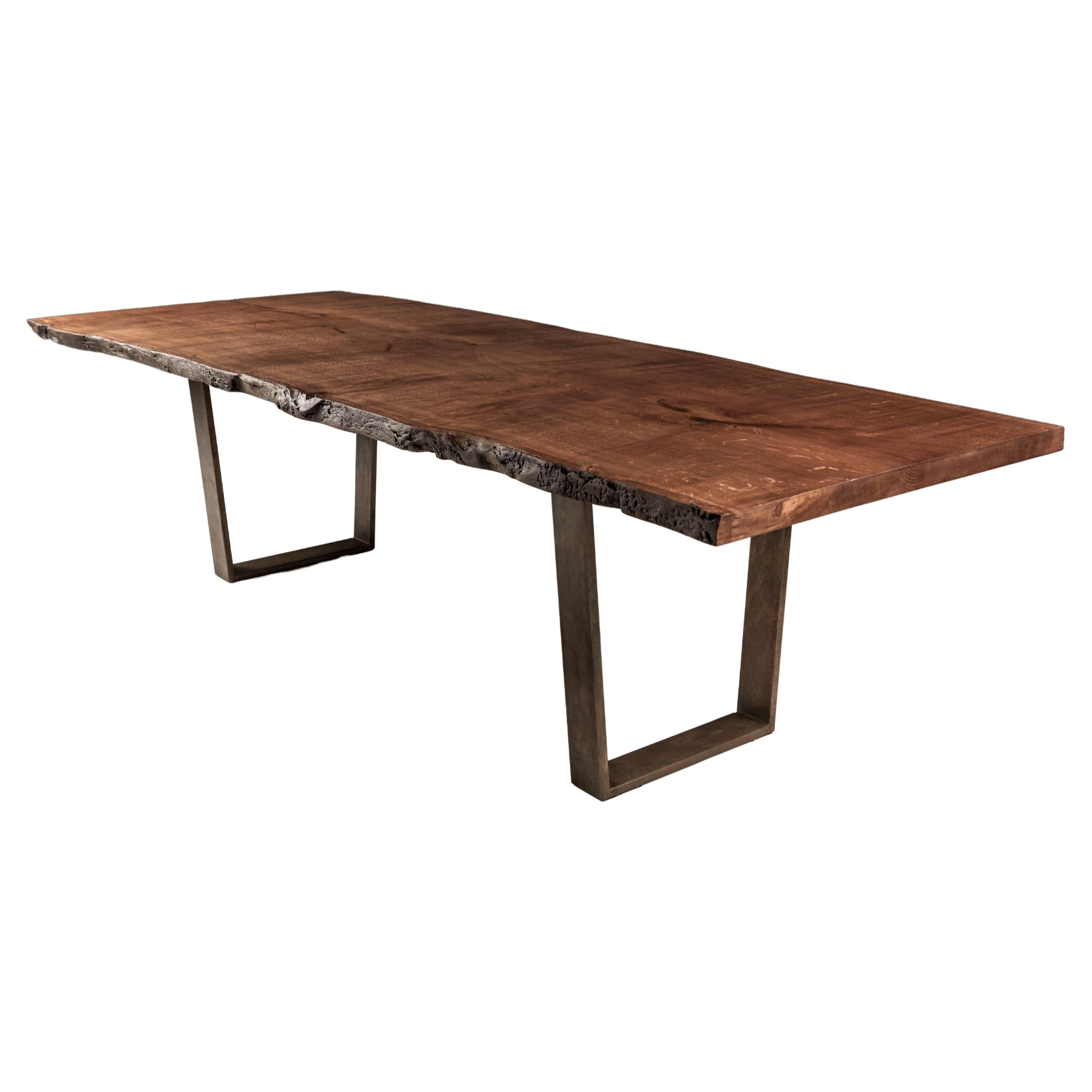 Live Edge English Oak Dining Table on Bronze Trapeze Legs. For Sale