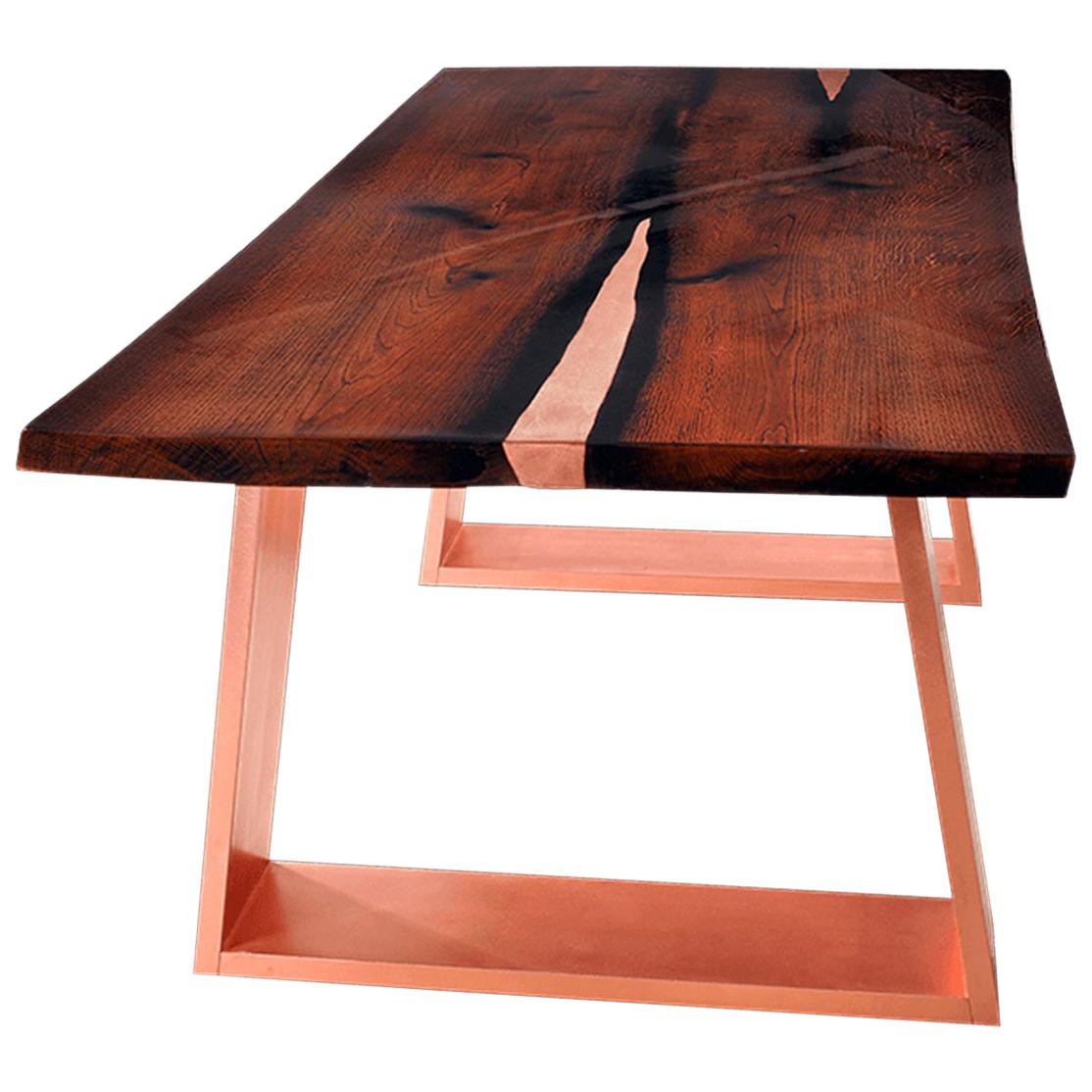 Table de salle à manger moderne classique en bois de chêne à bord vif et cuivre, finition laquée