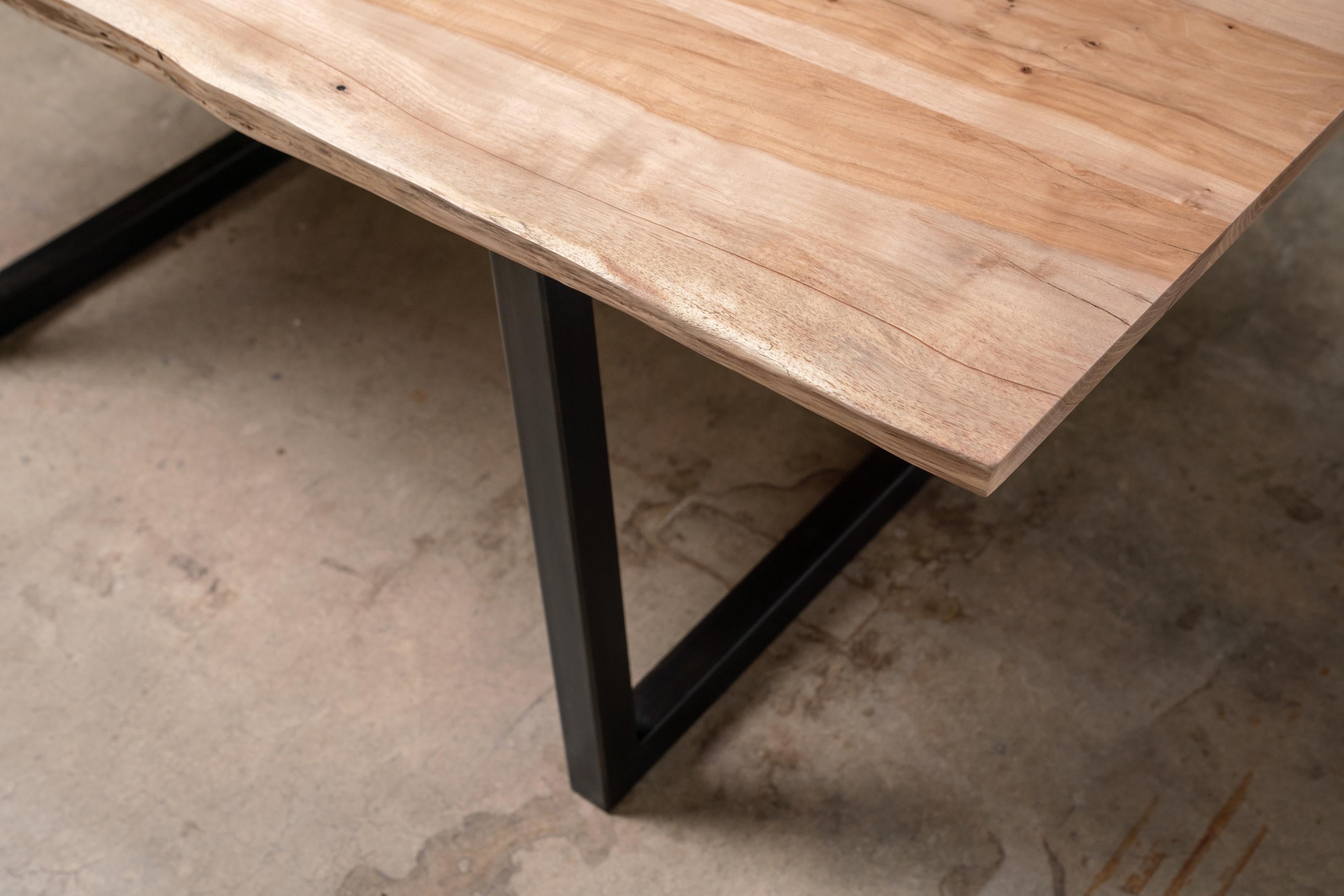 Welded Live Edge Pecan Table Clear Finish on Modern Black Steel Square Base For Sale
