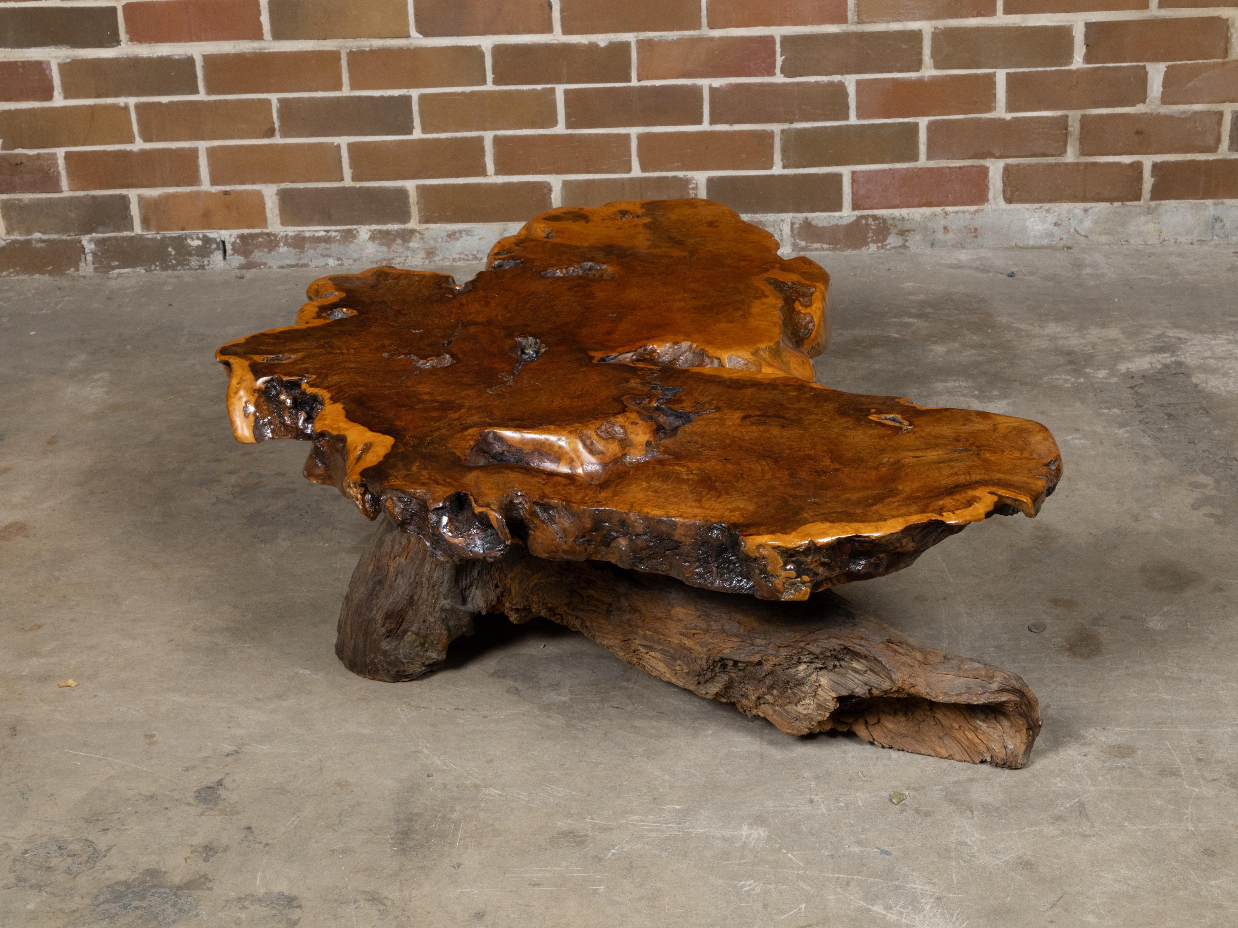American Live Edge Redwood America  Coffee Table with Rustic Character, Vintage For Sale