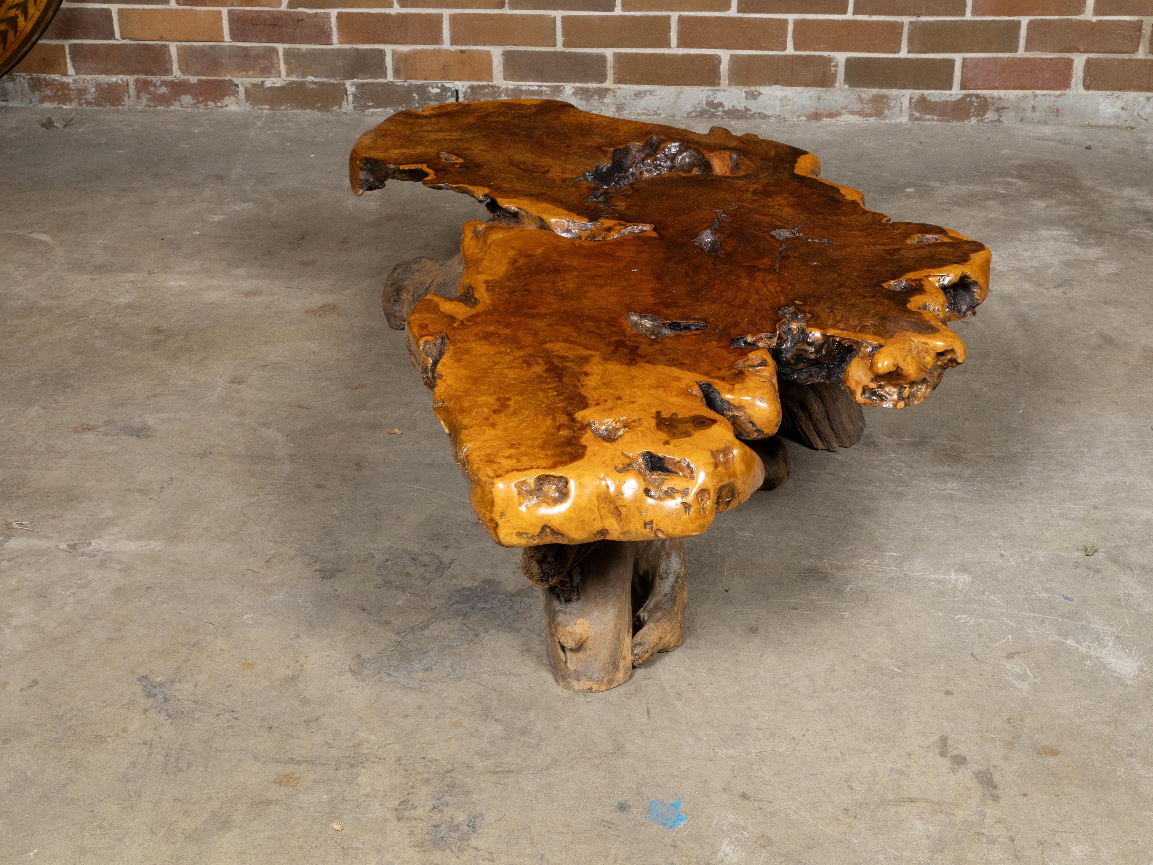 Wood Live Edge Redwood America  Coffee Table with Rustic Character, Vintage For Sale