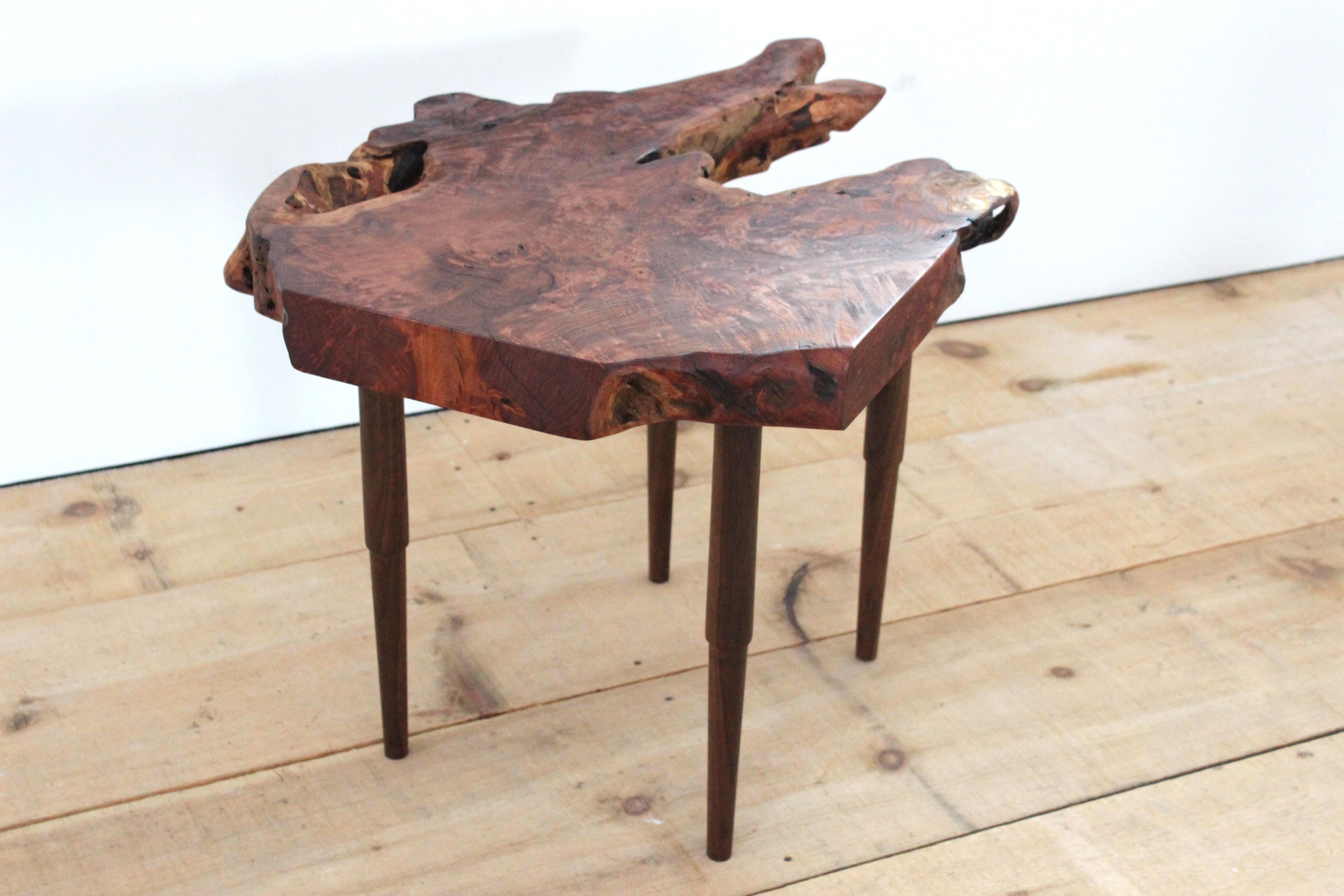 Modern Live Edge Redwood Root Side Table with Turned, Stepped & Tapered Walnut Legs