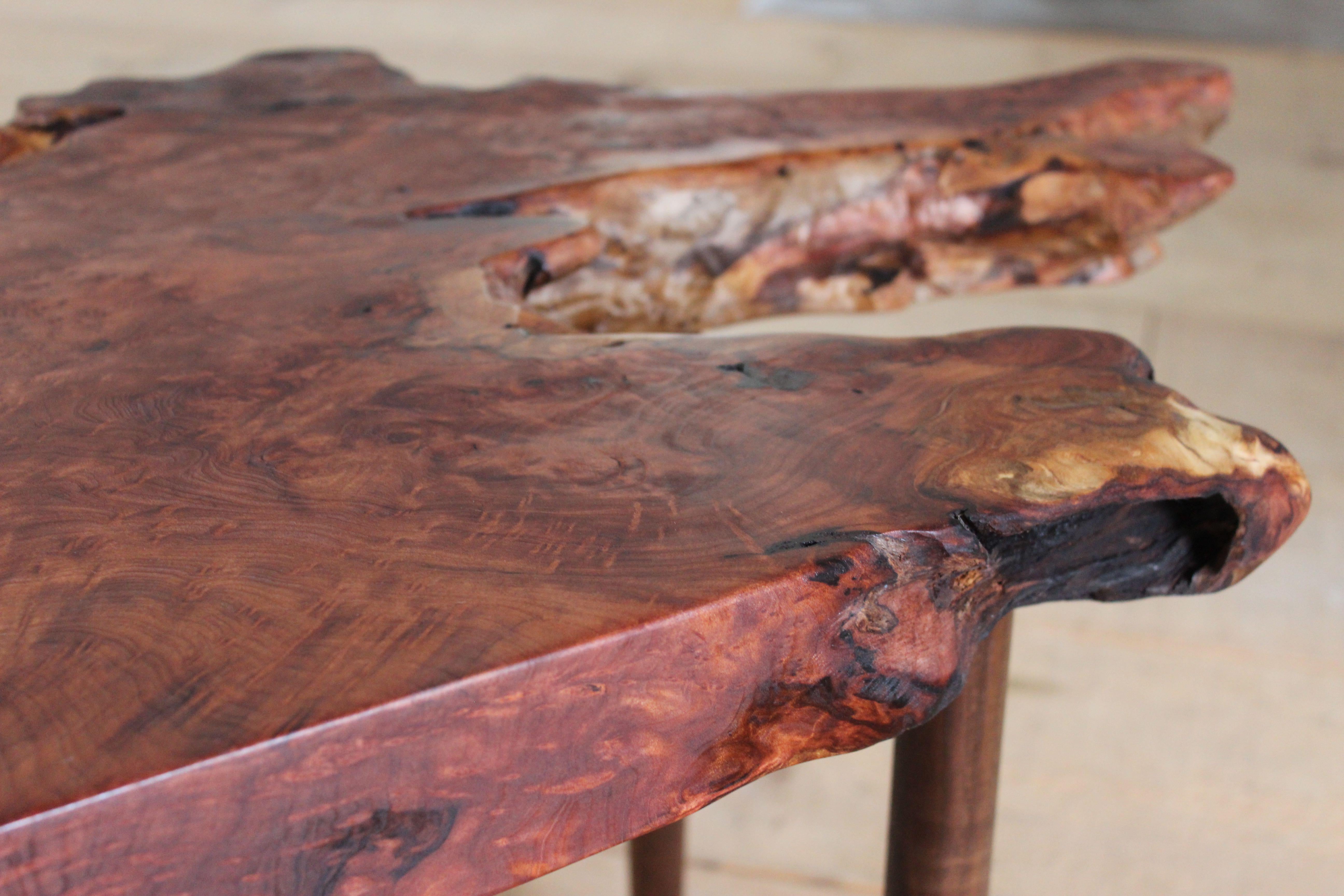 Hand-Crafted Live Edge Redwood Root Side Table with Turned, Stepped & Tapered Walnut Legs
