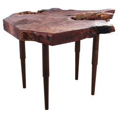 Live Edge Redwood Root Side Table with Turned, Stepped & Tapered Walnut Legs