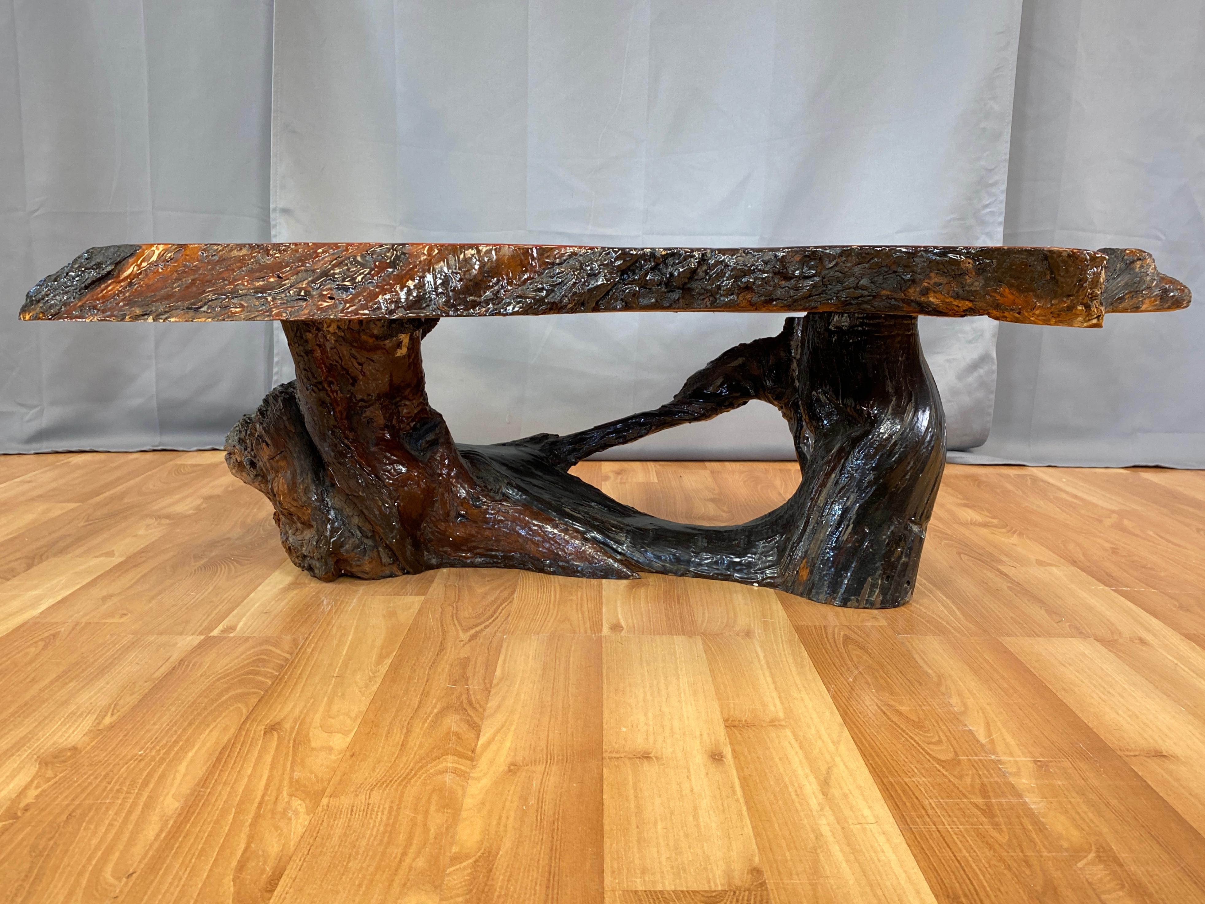 American Live Edge Redwood Slab Coffee Table, 1970s