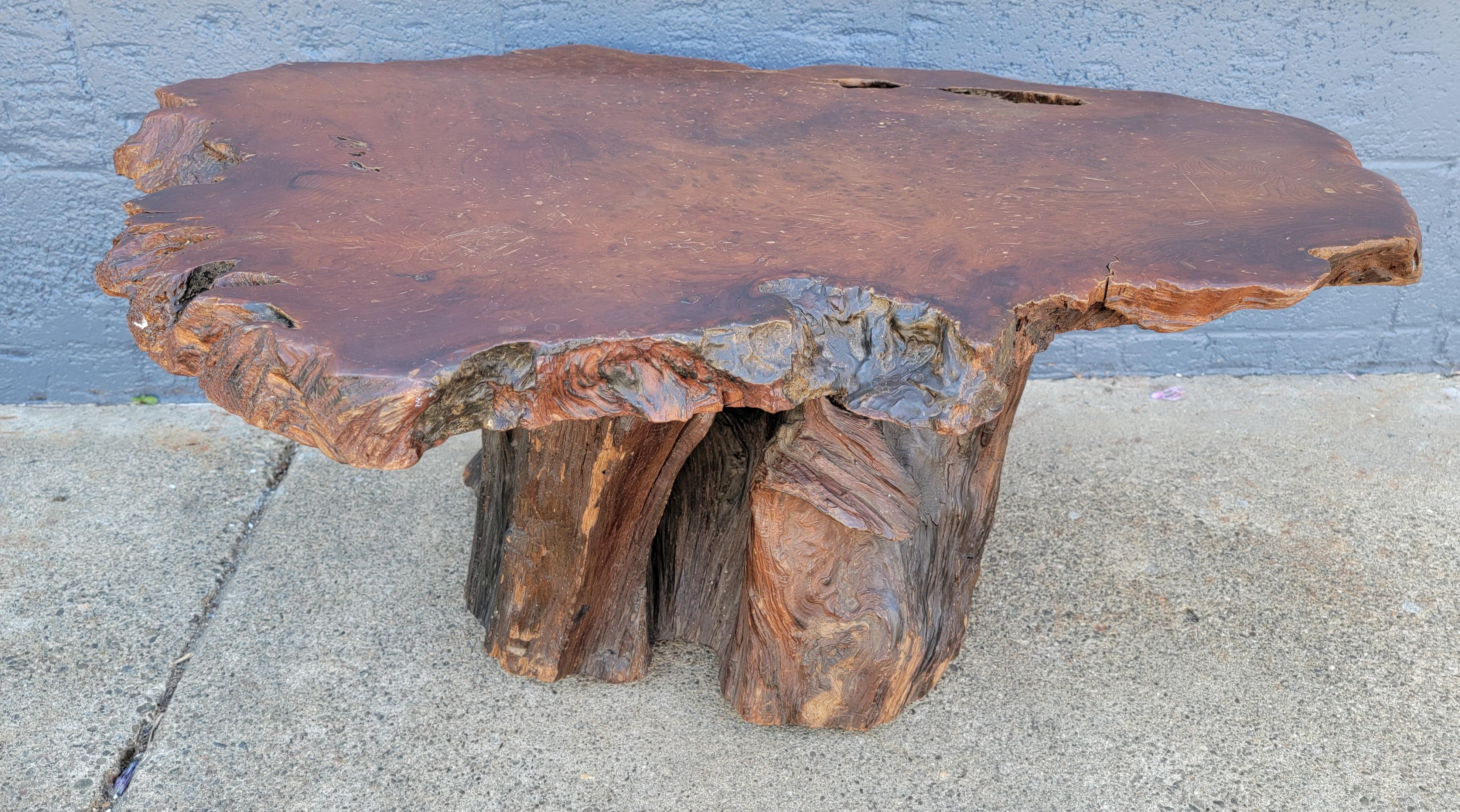 Beautiful live-edge burl-redwood slab table top surface with natural tree trunk base. Circa. 1970's. Could be enjoyed as a coffee, side or end table. Mounted to castors.