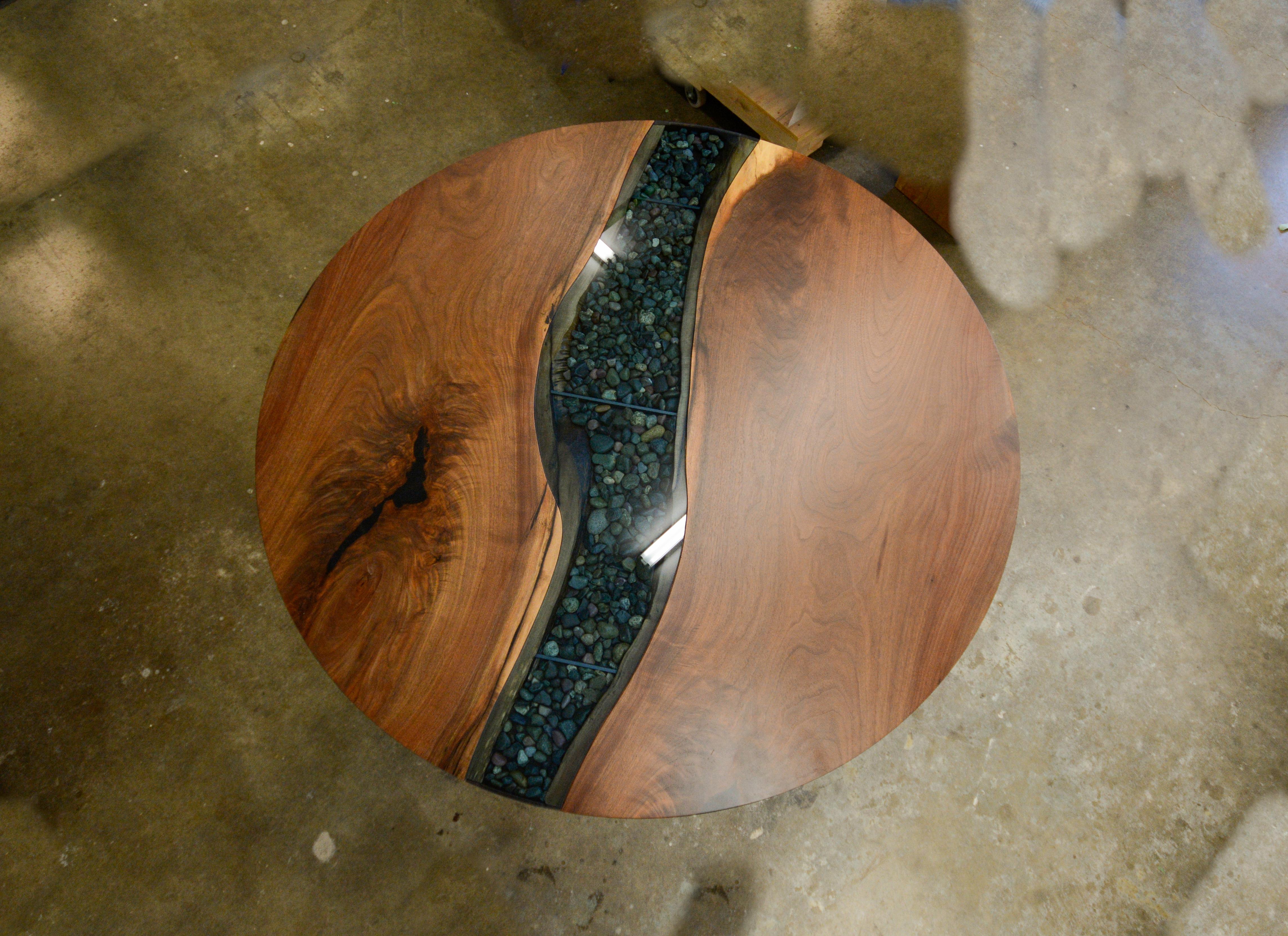 wood table glass river